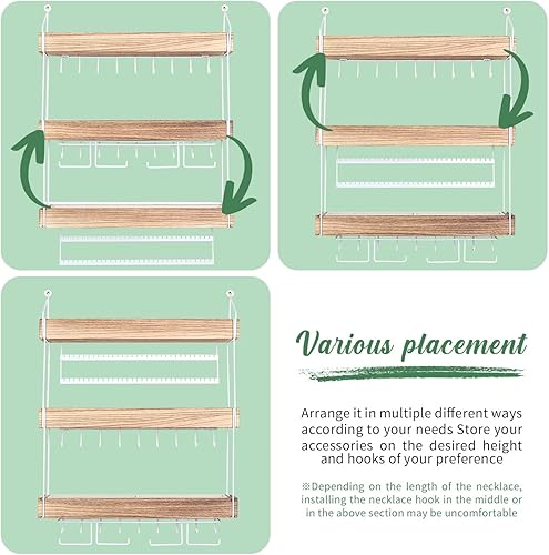 Miniatura 6 de J JACKCUBE DESIGN Estante organizador de joyas de madera de 3 niveles montado en la pared con estante de almacenamiento de accesorios y 18 aretes de