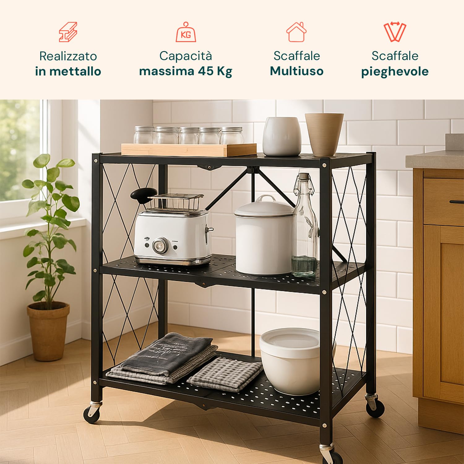 Avilia - Scaffale Richiudibile 3 Ripiani in Metallo Verniciato Nero, Stile Industriale Moderno, Pieghevole Senza Viti, Ideale per Casa, Ufficio, Cucina e Garage