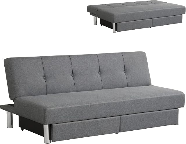 COSTWAY 3 Seater Convertible Sofa Bed, 3 Inclining Positions Linen Fabric Tufted Reclining Couch with Stainless Steel Legs, Upholstered Sofa Settee for Living Room Bedroom (with 2 Storage Drawers)