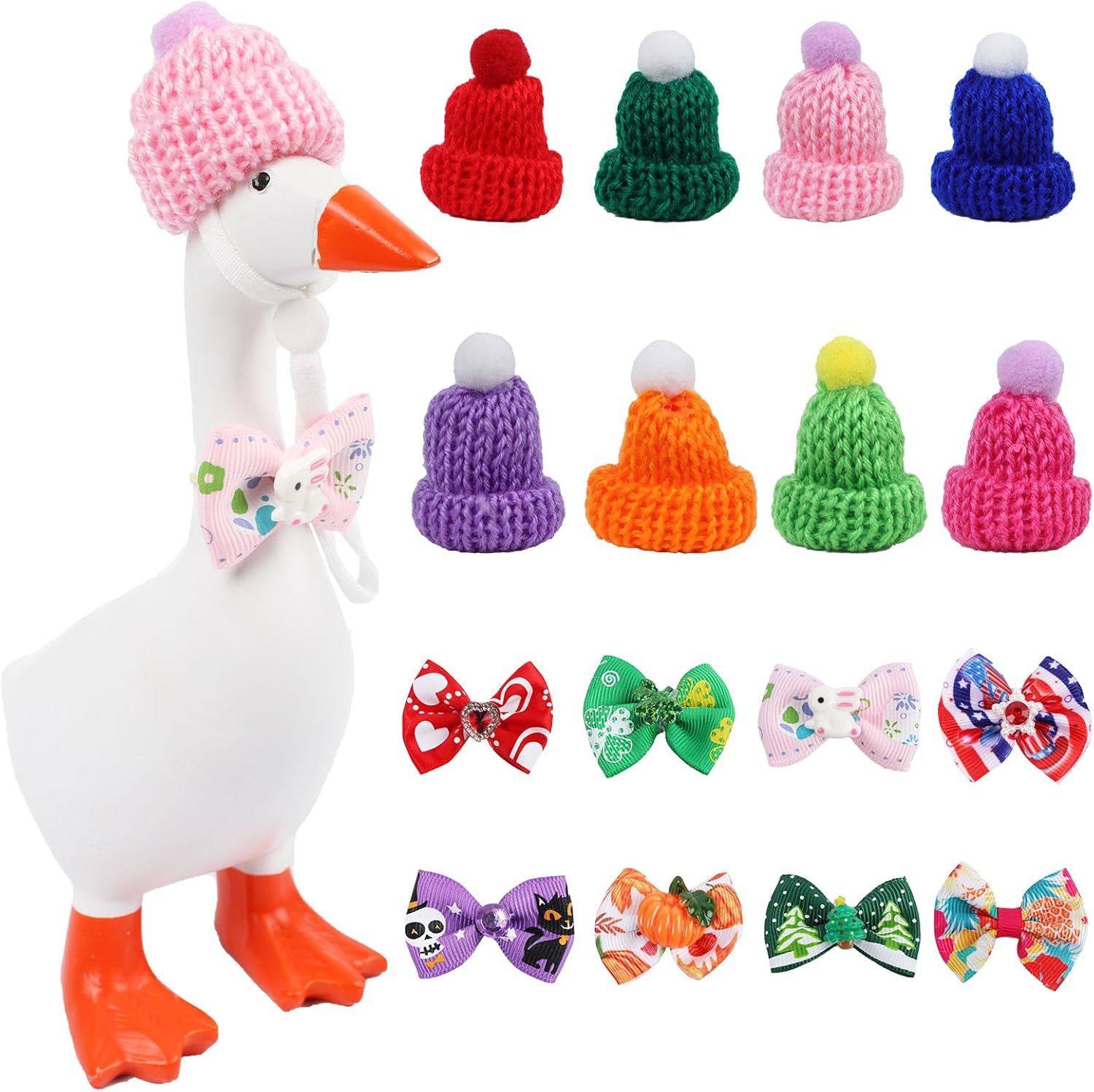 8 Set 7 Inch Desk Goose Outfits Holiday Desk Goose Clothes Mini Knitting Hats&Bow Tie, Easter All Seasons Mini Goose Outfits, Funny Accessories for Desktop Goose or Small Pet Statue