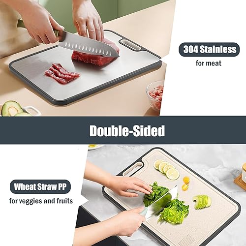Miniatura 4 de Tabla de cortar de acero inoxidable de doble cara, tabla de cortar de cocina de grado alimenticio para carne y verduras, acero 304 y paja de trigo