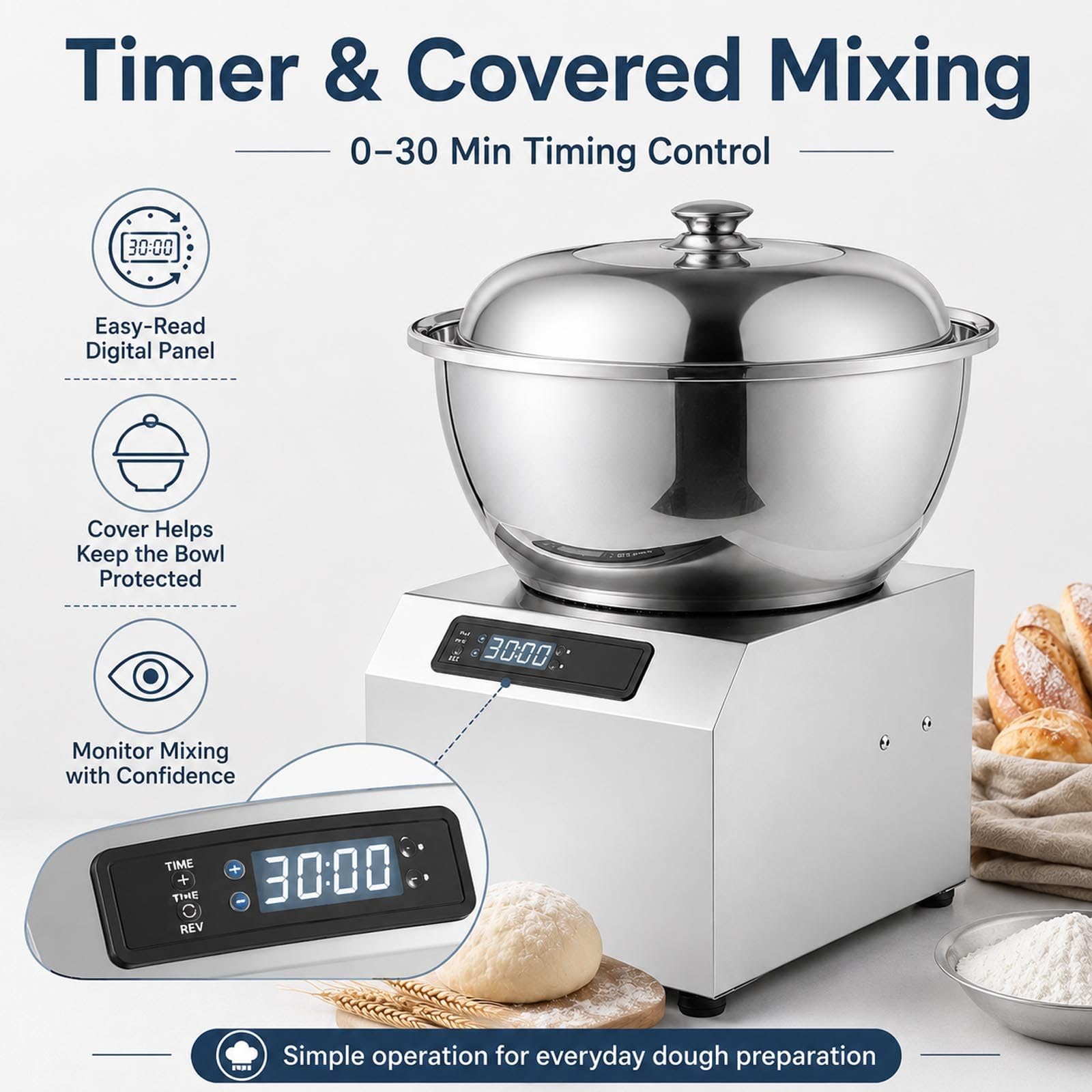 Impastatrice a Spirale 8 kg 1800W con Timer e Vasca Removibile
