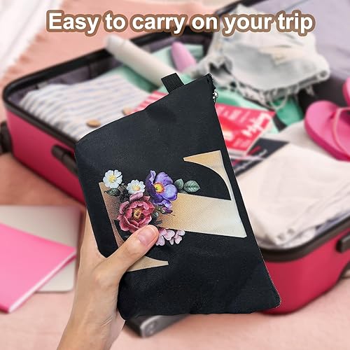 Miniatura 6 de CTNUOBEE Bolsa de comestic con letras del alfabeto dorado con bolsa de maquillaje de flores, bolsa de viaje portátil con cremallera, bolsa de aseo