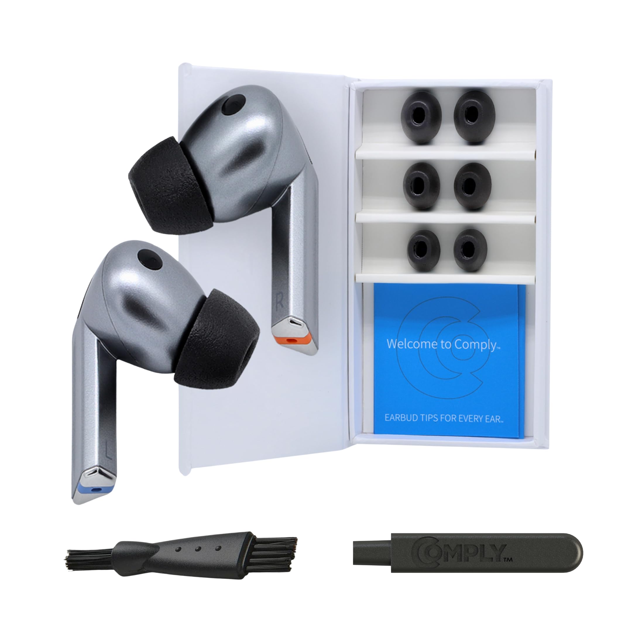 Comply Premium piankowe zatyczki do uszu, kompatybilne z Samsung Galaxy Buds3 Pro, rozmiar S/M/L, nowa wersja 2025 z narzędziem do czyszczenia, czarne, 3 pary, wyprodukowano w USA