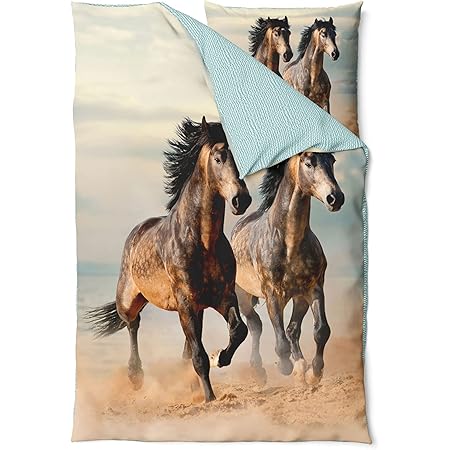Carbotex Pferde Bettwäsche Set 135x200cm + 80x80cm - 100% Baumwolle Kinderbettwäsche