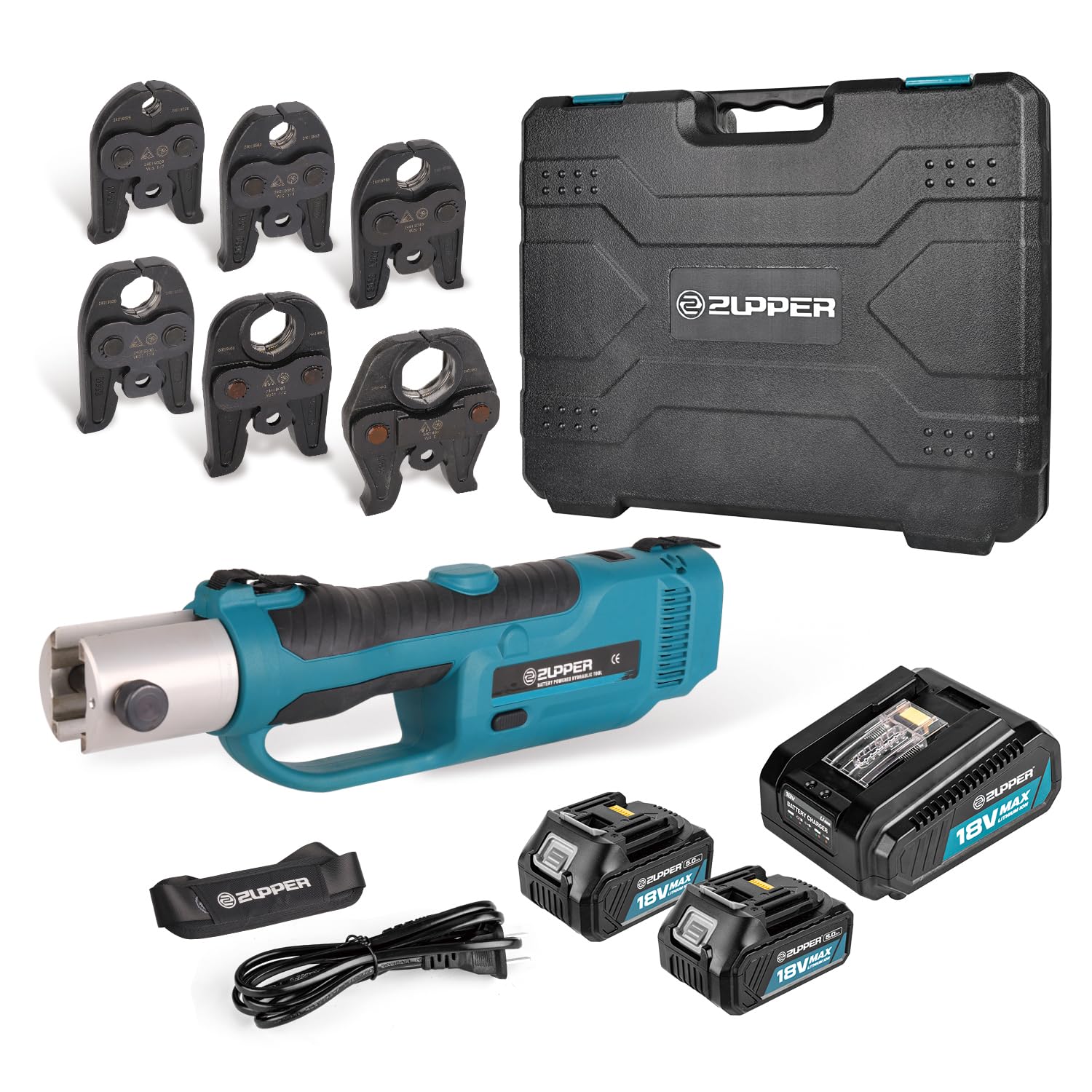 ZUPPER Standard Pro Press Tool kit with 6 Copper Pro Press Jaws 1/2" to 2", 2pcs 4AH Battery, Fast Charger & Carrying Case