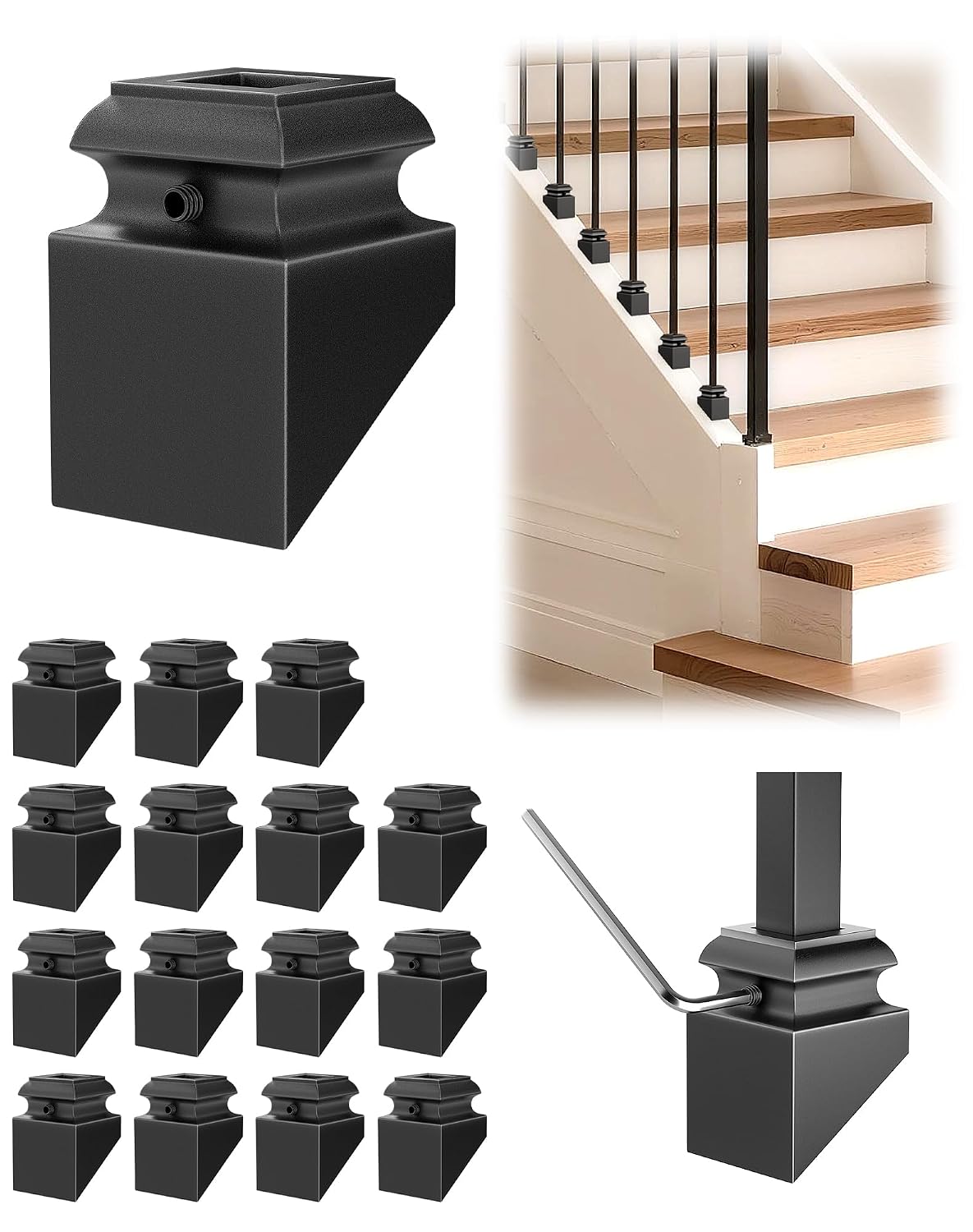 14 Pack Slant Shoes, Stair Baluster Shoes Slant Angle Use for 1/2" Square Iron Balusters, Easy-Install Interior Stair Baluster Base Shoes