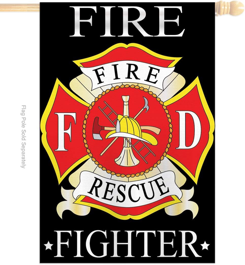 HS108022-P2 Fire Fighter Americana Military Applique Decorative Vertical 28" x 40" Double Sided House Flag Set Pole Bracket Hardware