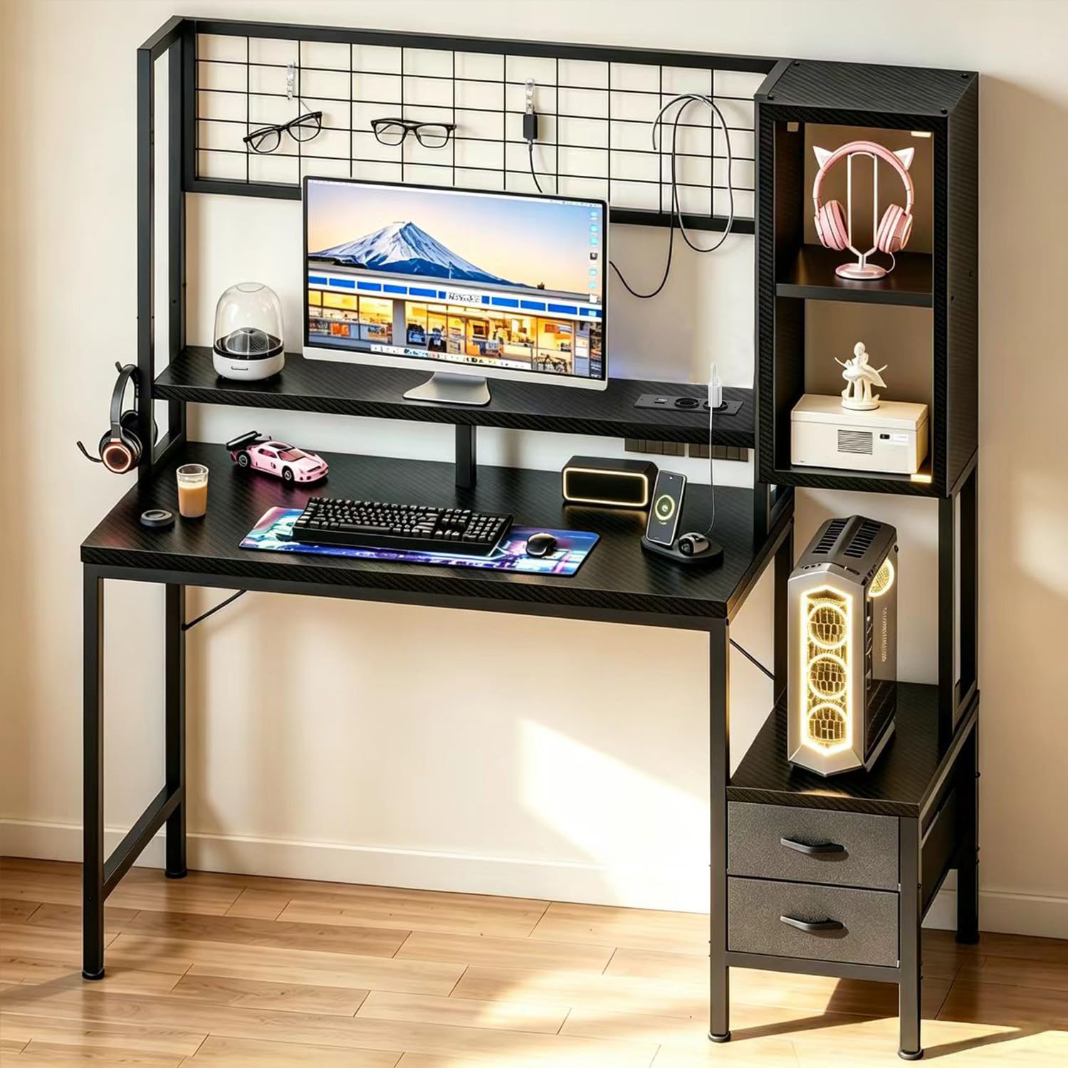 Devoko Escritorio Gaming 120 x 48 cm Negro | Estante integrado, Cajones incorporados, Luz LED, Enchufe eléctrico, Fibra de carbono, Amplio almacenamiento