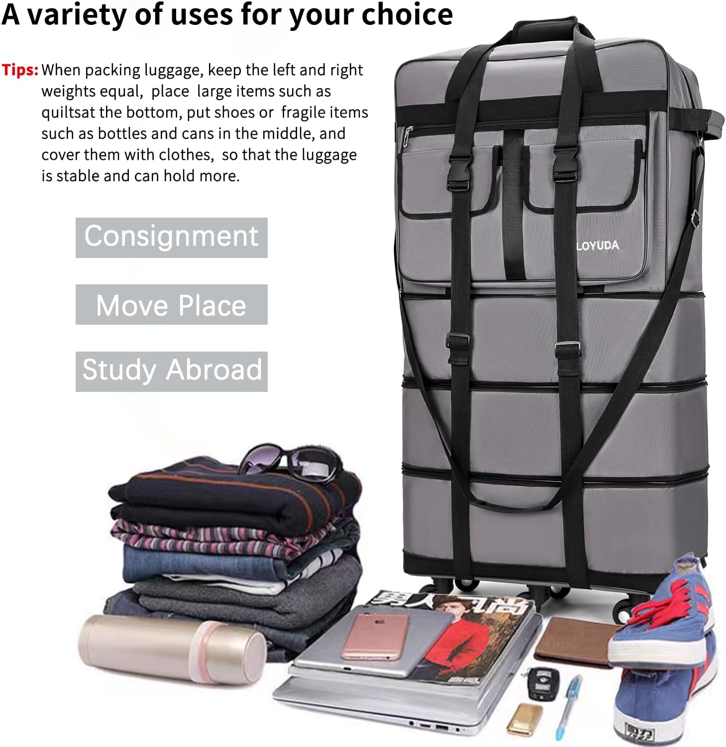 130L Expandable Luggage, 40 Inch Suitcase with Wheels, Collapsible Luggage with Wheels, Rolling Duffle Bag with wheels, Foldable Suitcasewith2Handle Wrap 2Fixing Straps 1Shoulder Strap (gray) - Image 5