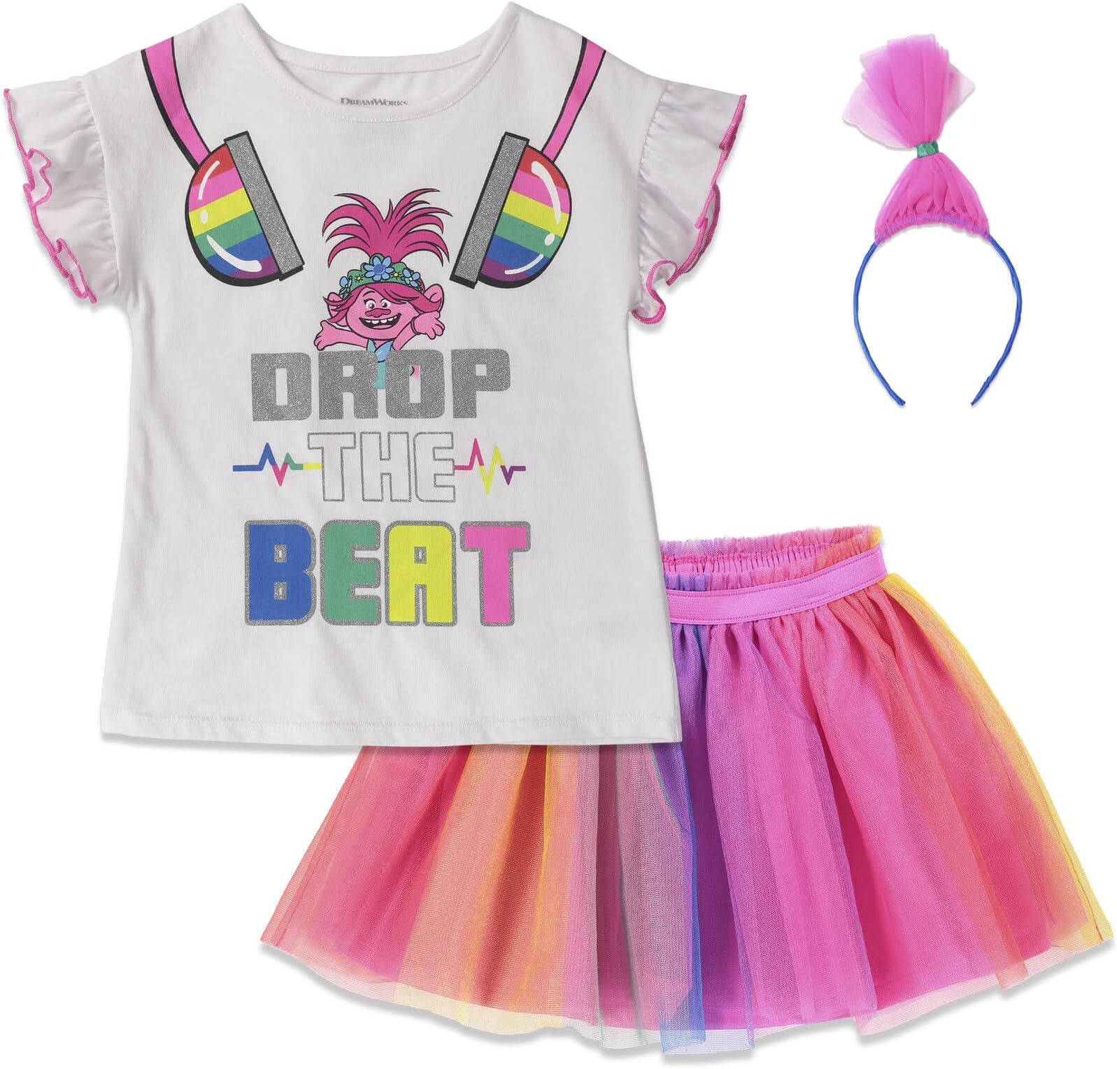 DreamWorksTrolls Poppy Girls T-Shirt Tulle Skirt and Headband 3 Piece Outfit Set Toddler to Big Kid