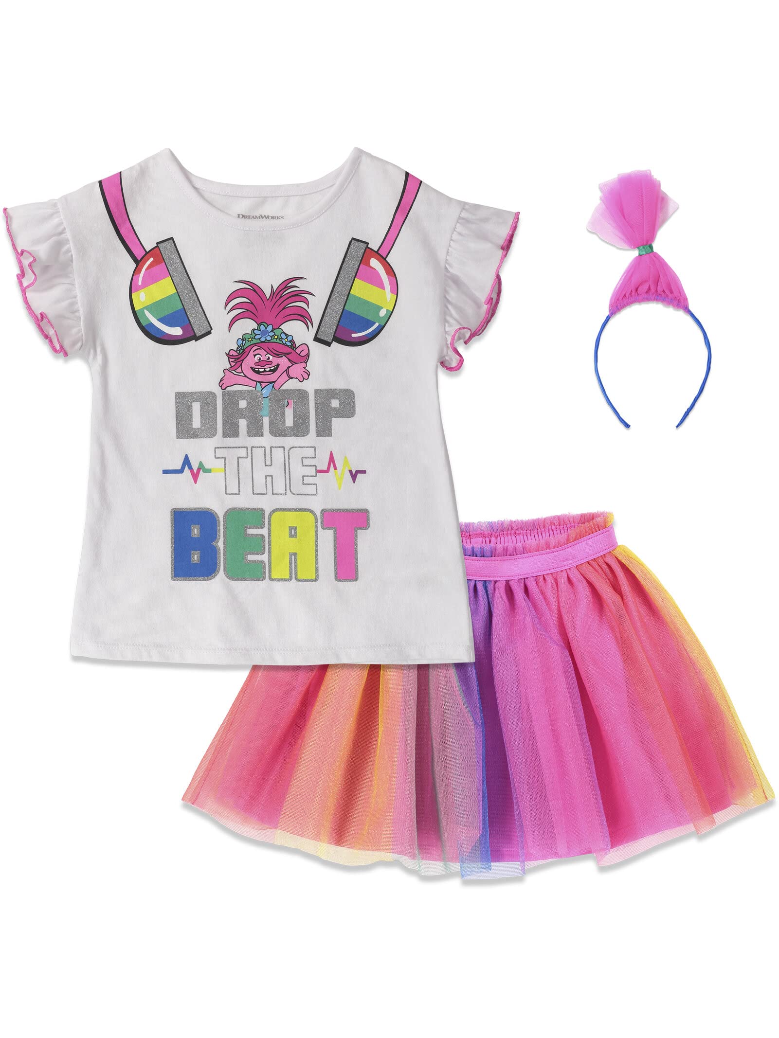 DreamWorksTrolls Poppy Girls T-Shirt Tulle Skirt and Headband 3 Piece Outfit Set Toddler to Big Kid