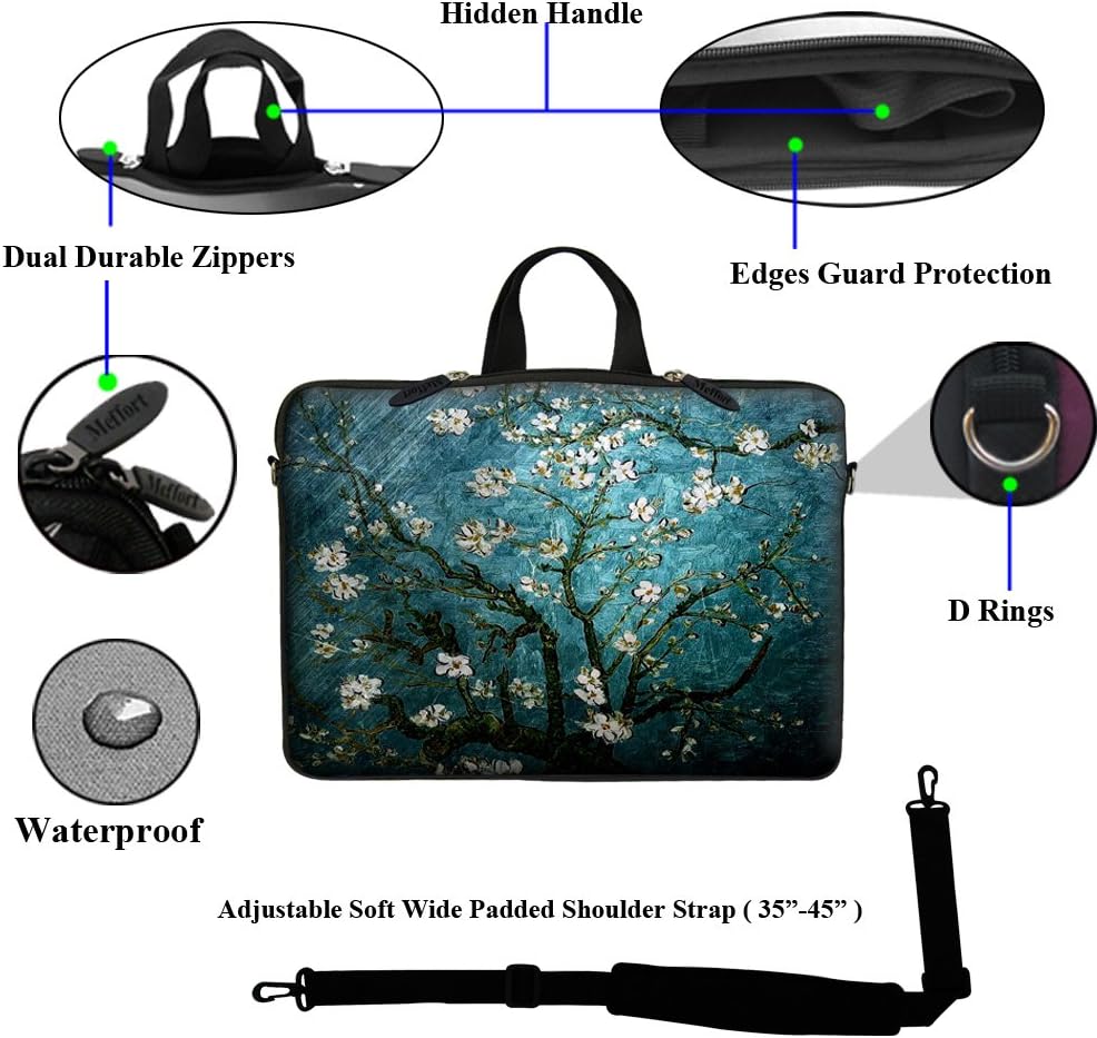 Meffort Inc 17 17.3 inch Neoprene Laptop Sleeve Bag Carrying Case with Hidden Handle and Adjustable Shoulder Strap - Vincent Van Gogh Almond Blossoming