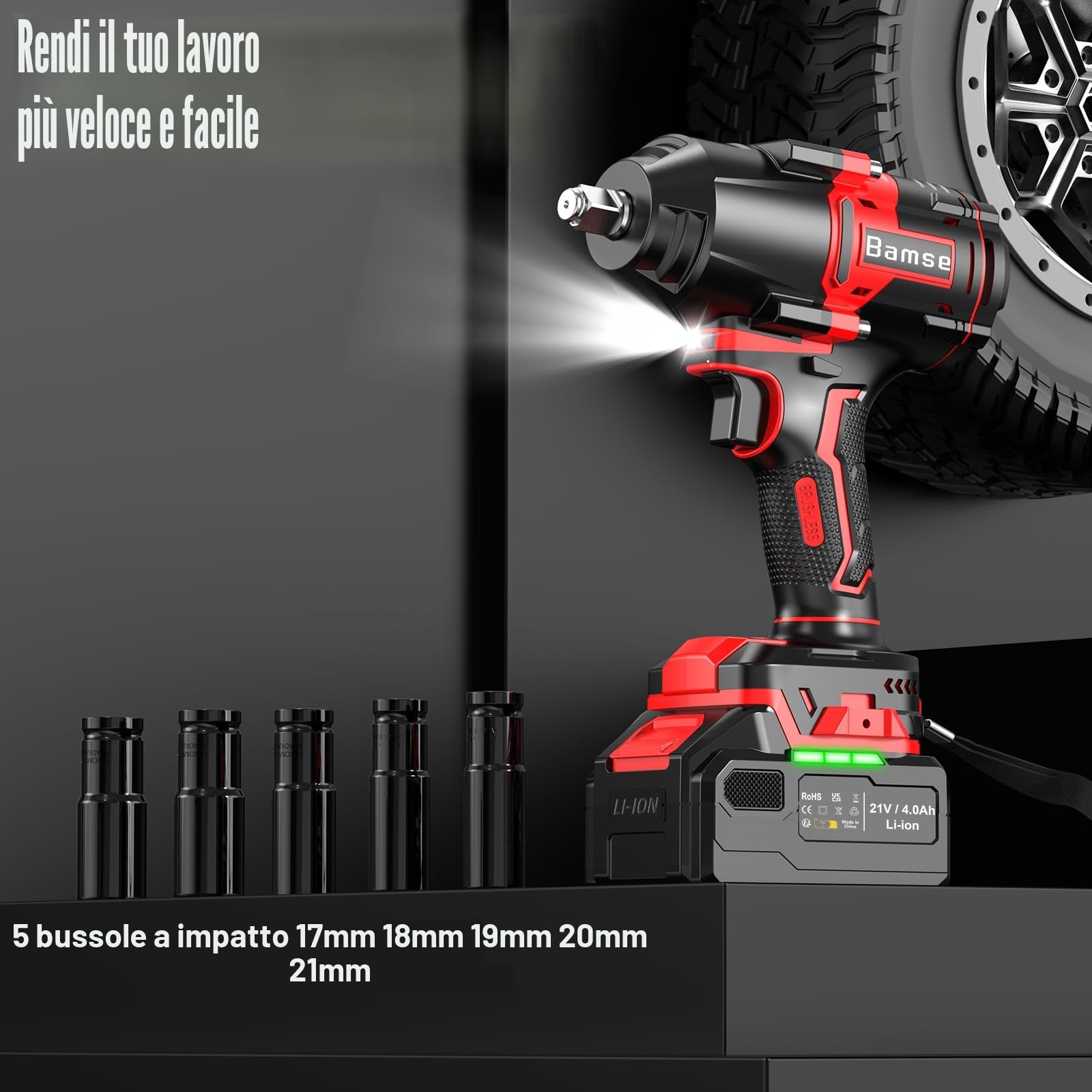 Bamse Avvitatore a Impulsi Brushless, 1000 Nm di Coppia Massima, Chiave a Percussione 1/2" ad Alta Potenza con Batterie da 4,0 Ah e Caricabatterie, 5 Bussole, Trapano a Impulsi Brushless per Auto Casa