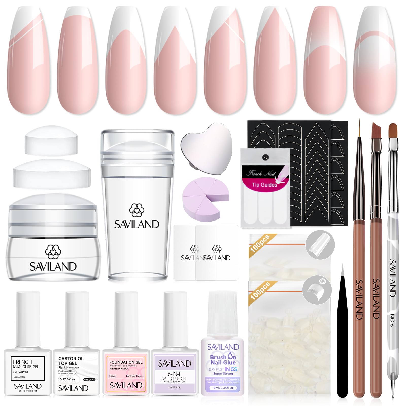 SAVILAND French Manicure Kit All-in-One with Gel Polish, Stamper & Stickers | Beginner-Friendly Salon Set | Natural Resin & Castor Oil Formula | Home Nail Art Tools​