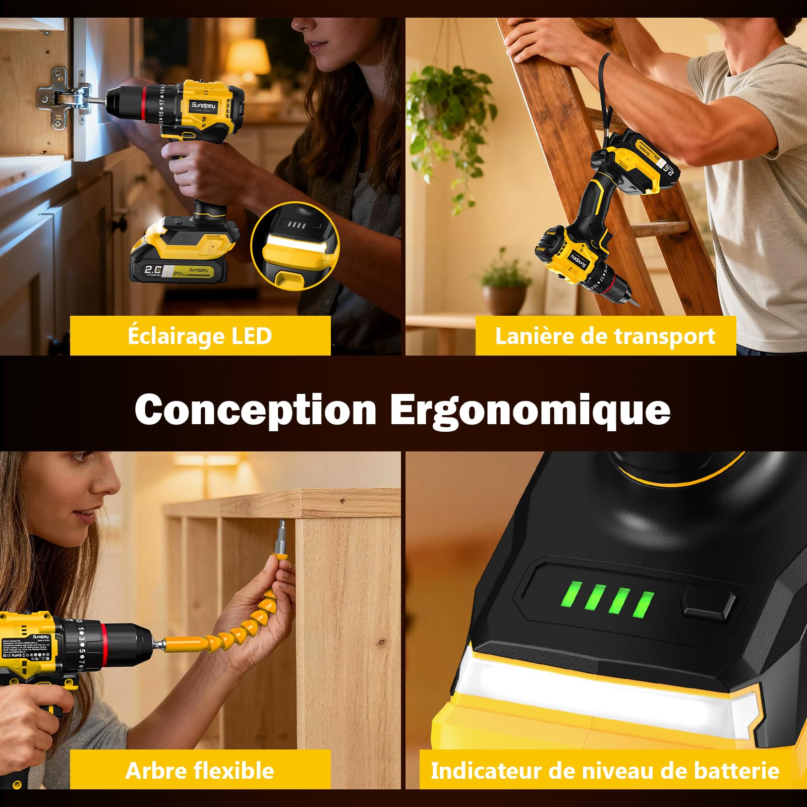 Sundpey Perceuse Visseuse Sans Fil 21V - Max 70Nm Perceuse à Percussion Brushless avec 2 Batteries 2.0Ah, 23+3 Réglages de Couple, Mandrin 10mm, LED, 2 Vitesses Visseuse Devisseuse Sans Fil Bricolage