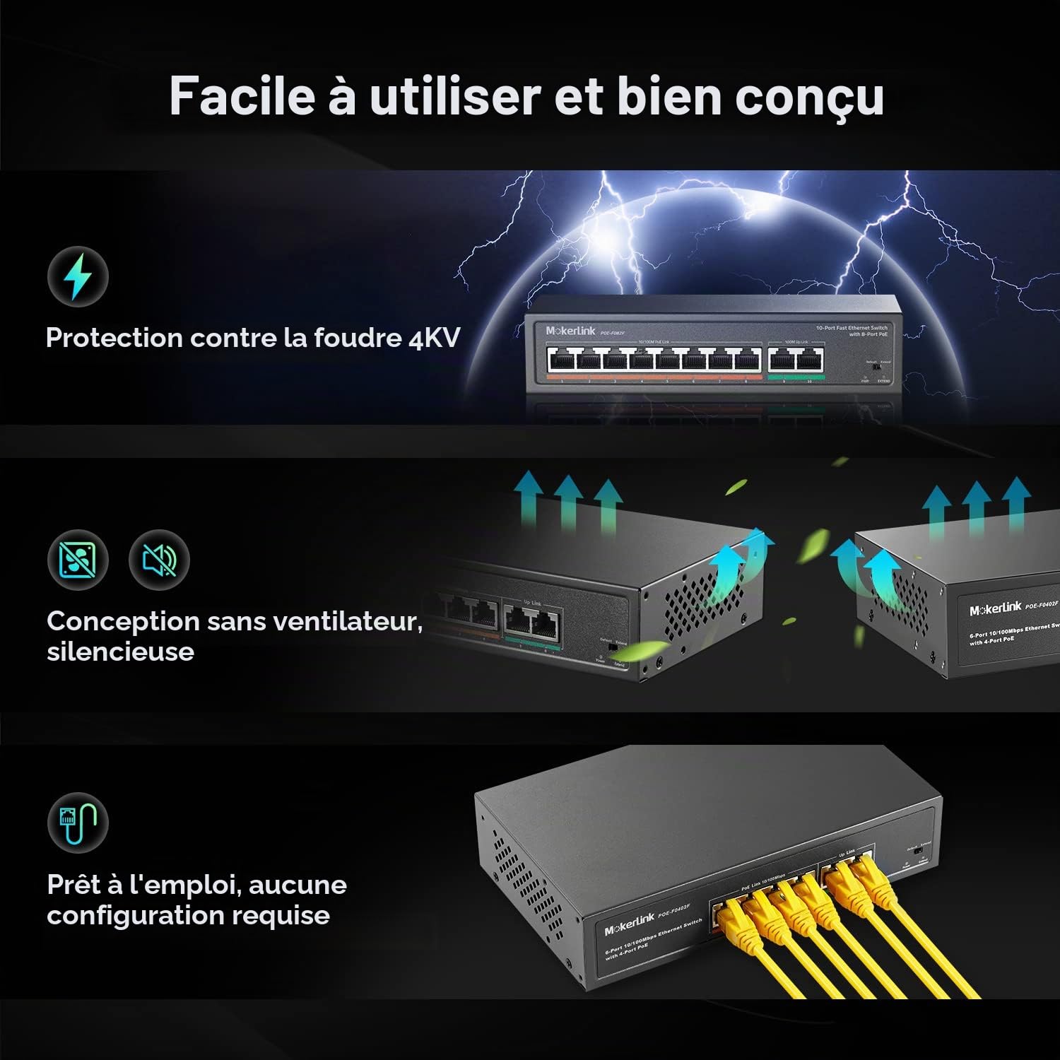 MokerLink 10 Ports PoE Switch with 8 Port PoE+, 2 Fast Ethernet UpLink, 100 Mbps, 120 W 802.3 AF/at PoE, Fanless Plug & Play Network Switch