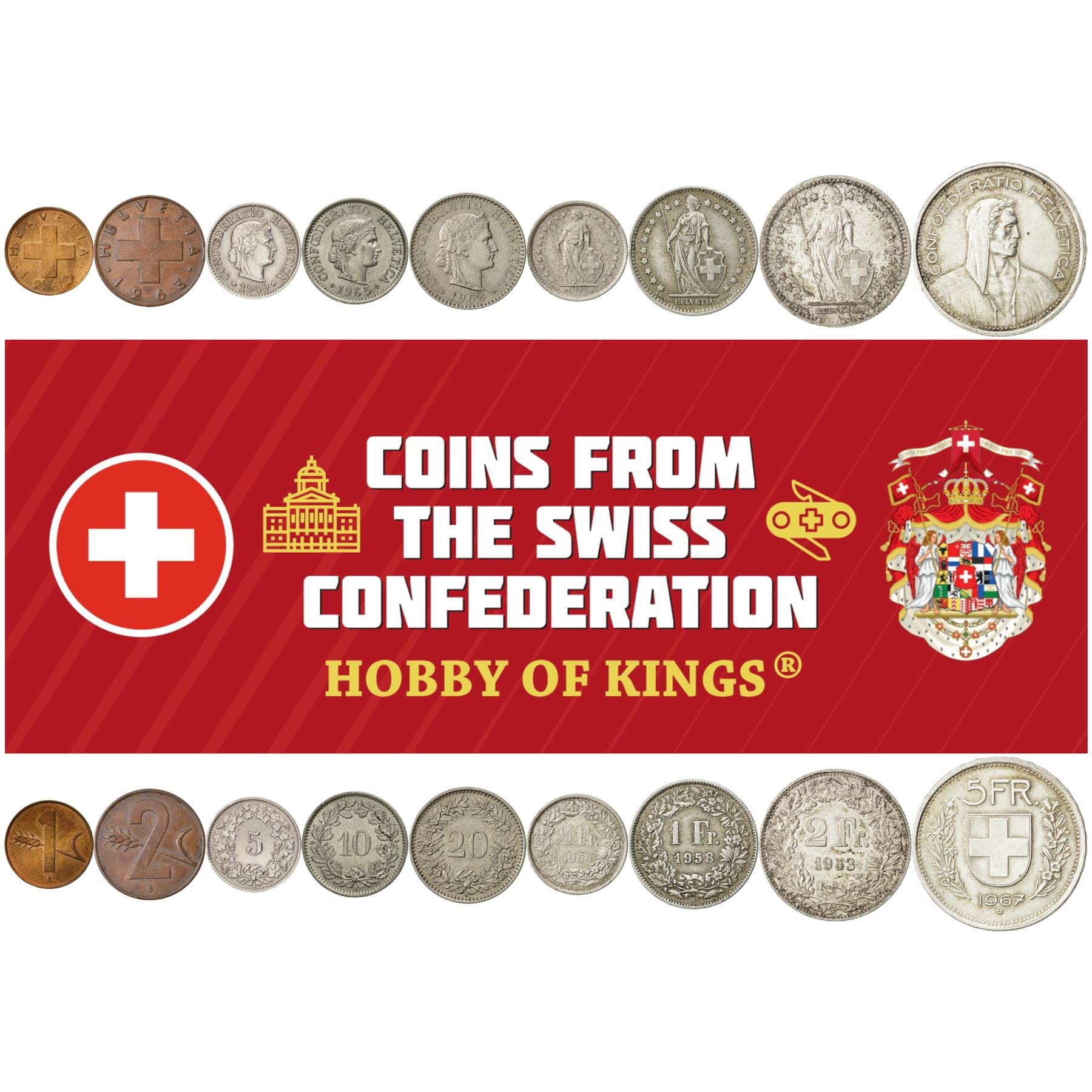9 Monedas de Suiza | Juego de monedas suizas, 1, 2, 5, 10, 20 rappén, 1/2, 1, 2, 5 francos | Circuladas 1948-1967 | Paul Burkhard | Trigo | Libertas | Helvetia