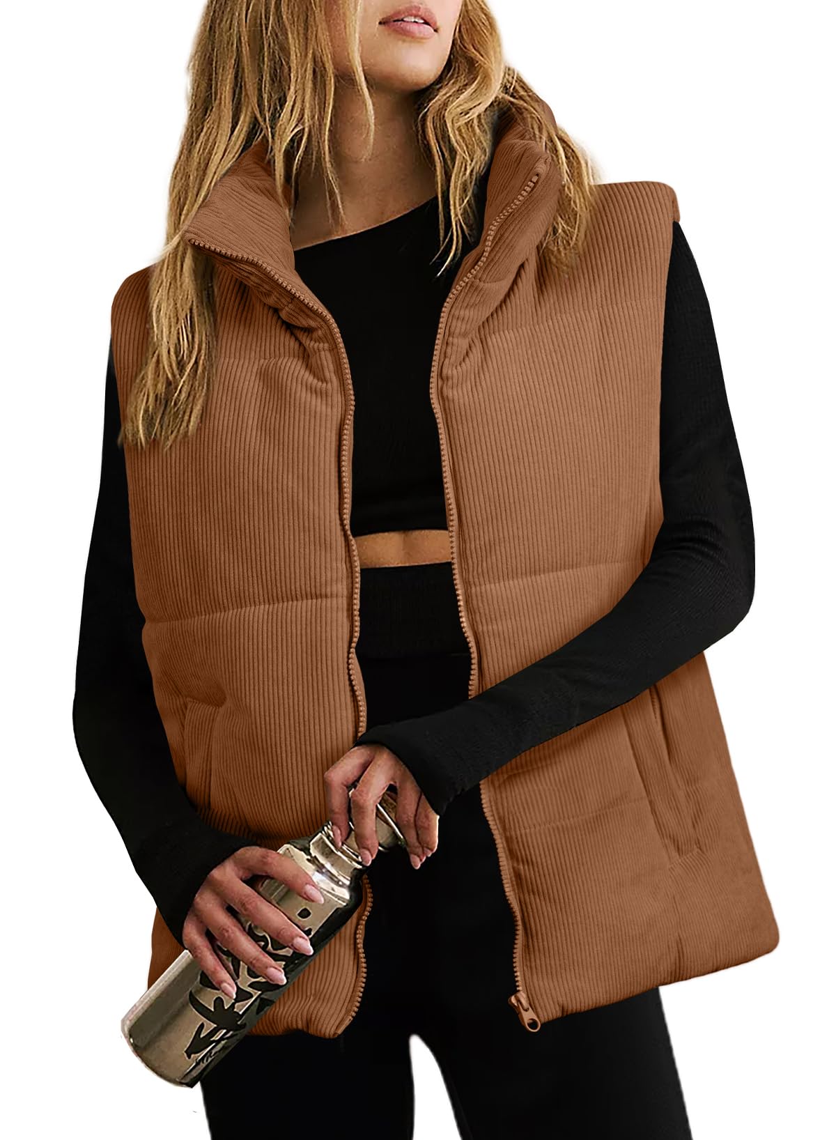 EVALESS Corduroy Puffer Vest for Women Lightweight Stand Collar Sleeveless Jackets Zip Up Clothes Fashion 2025