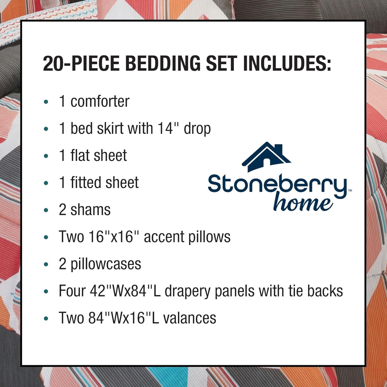 20-Piece Bed Set, Complete All-in-One Coordinated Bedding and Window Ensemble, Easy-Care Bedroom Reset, Facets, Queen