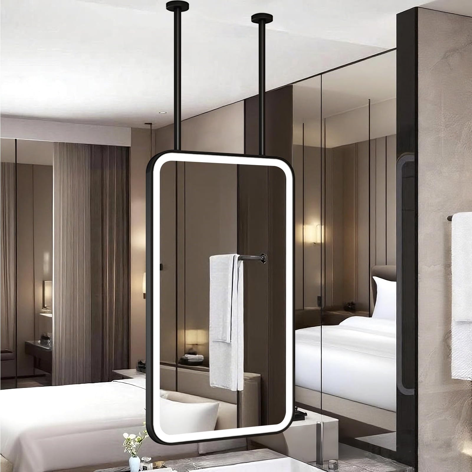 Miroir suspendus au plafond LED pour manque de place murale et manque de lumière en salle de bain