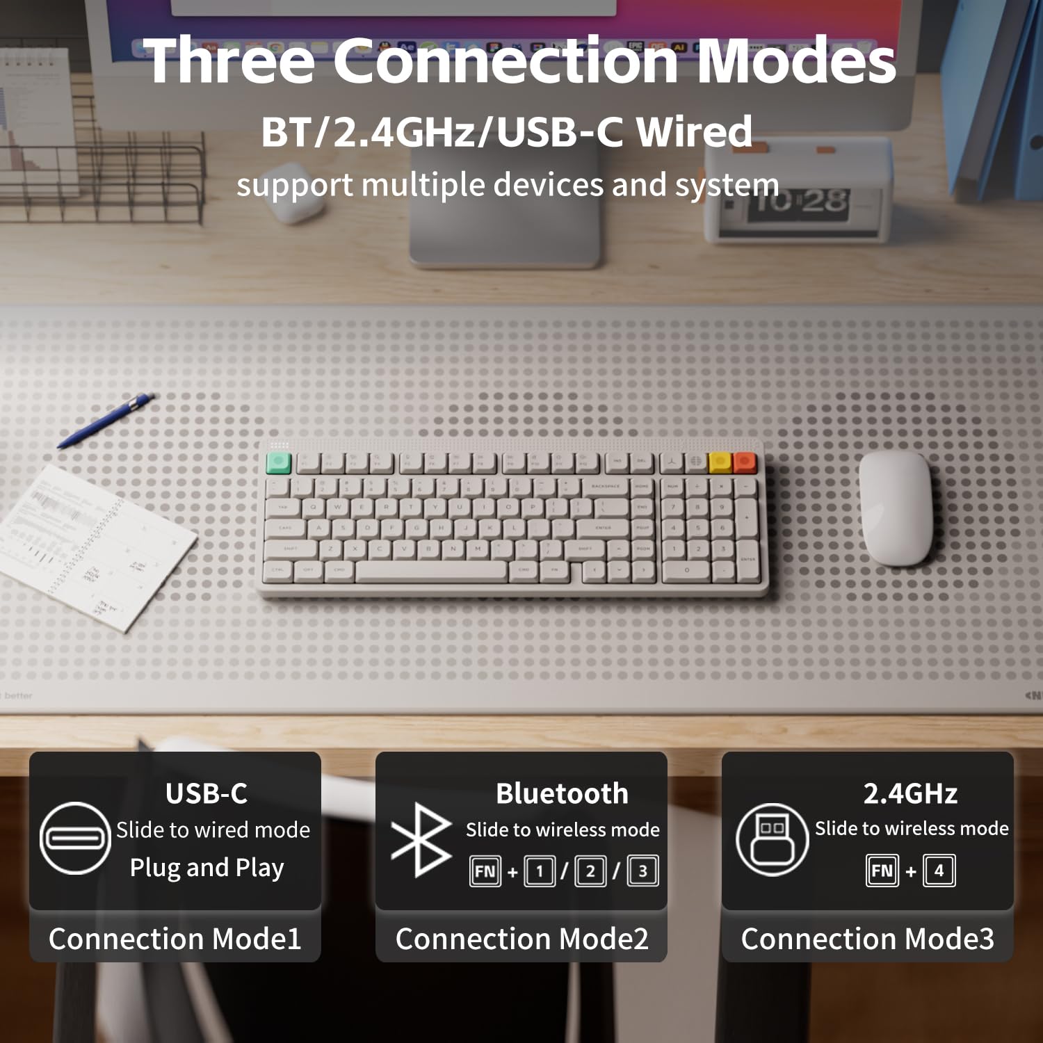 NuPhy Node100 Wireless Mechanical Keyboard, Hot Swappable Custom Low Profile Keyboard, 103 Keys Computer Gaming Keyboards, Supports Touch Gestures, PBT Keycaps, RGB Backlit, Bluetooth/2.4GHz/USB-C - 3