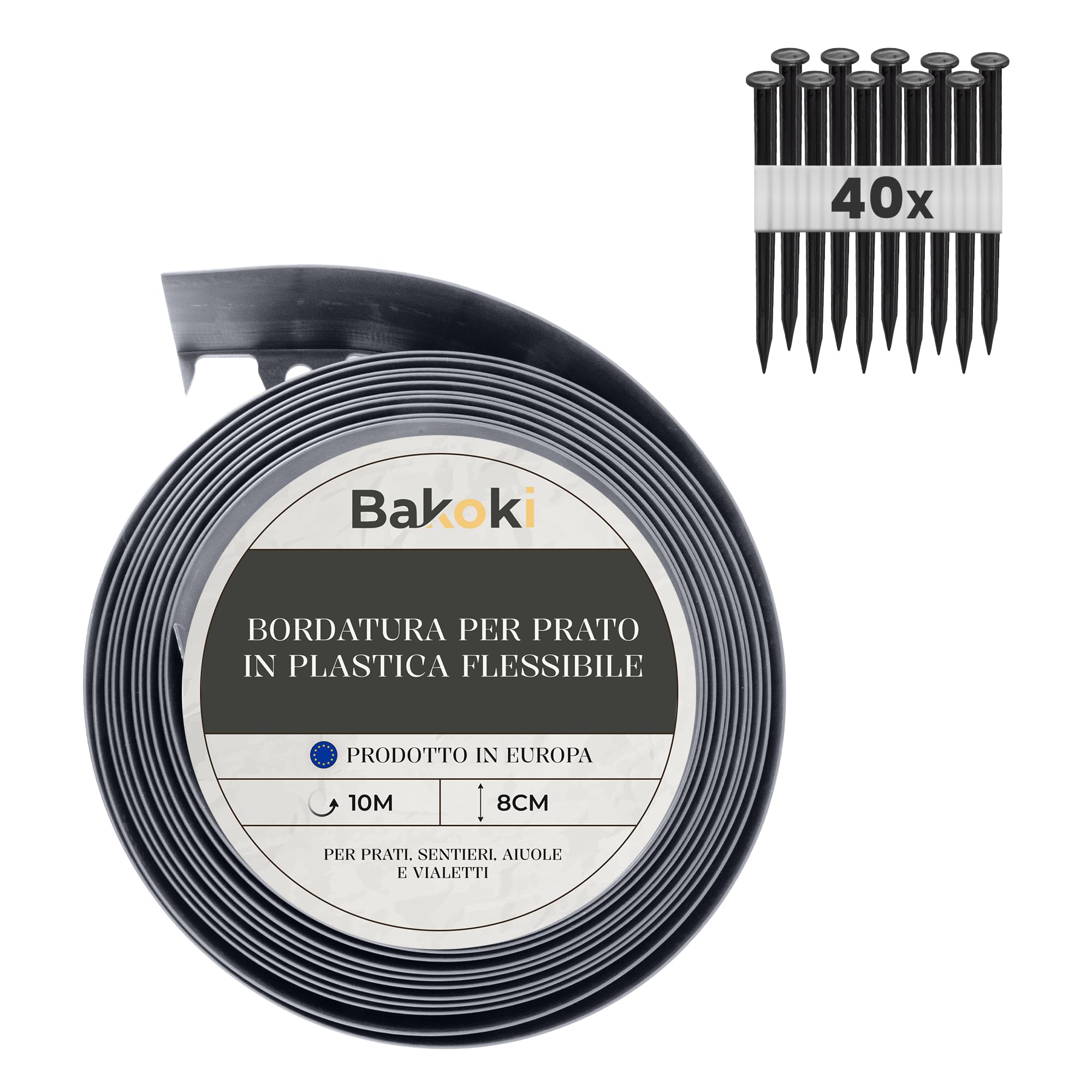 BAKOKI Bordo flessibile per prato (10 m | 40 ancoraggi | 8 cm di altezza) grigio plastica resistente alle intemperie – bordo per aiuole – bordo per aiuole – bordo per tagliaerba