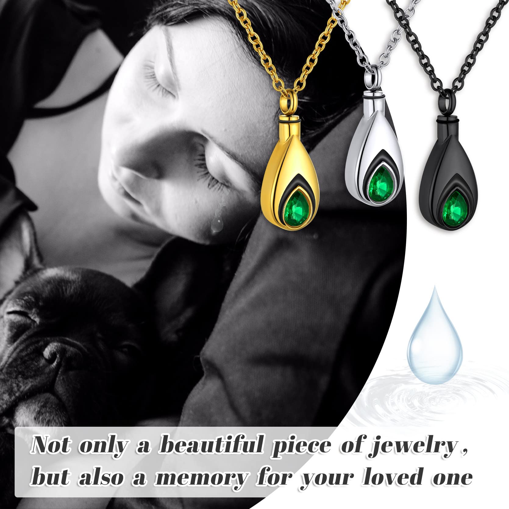 GoldChic Colgantes para Meter Cenizas Seguro Forma Gota de Agua con Cadena 50cm Largo, Colgantes Cenizas Negro Nombre Personalizable, con Caja de Regalo