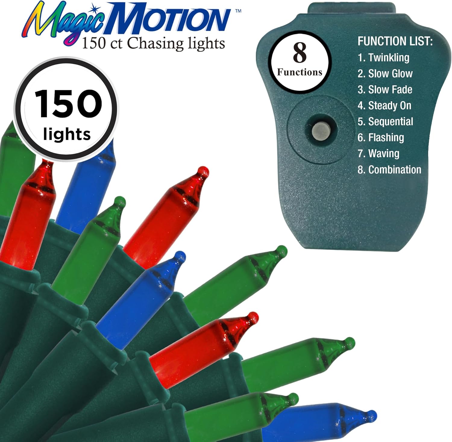 Brite Star 150 Count 8-Function Chasing Light Set - Outdoor String Lights with Twinkling, Flashing, and Steady On Modes - Ideal for Christmas Tree and Outdoor Christmas Decorations, Multi