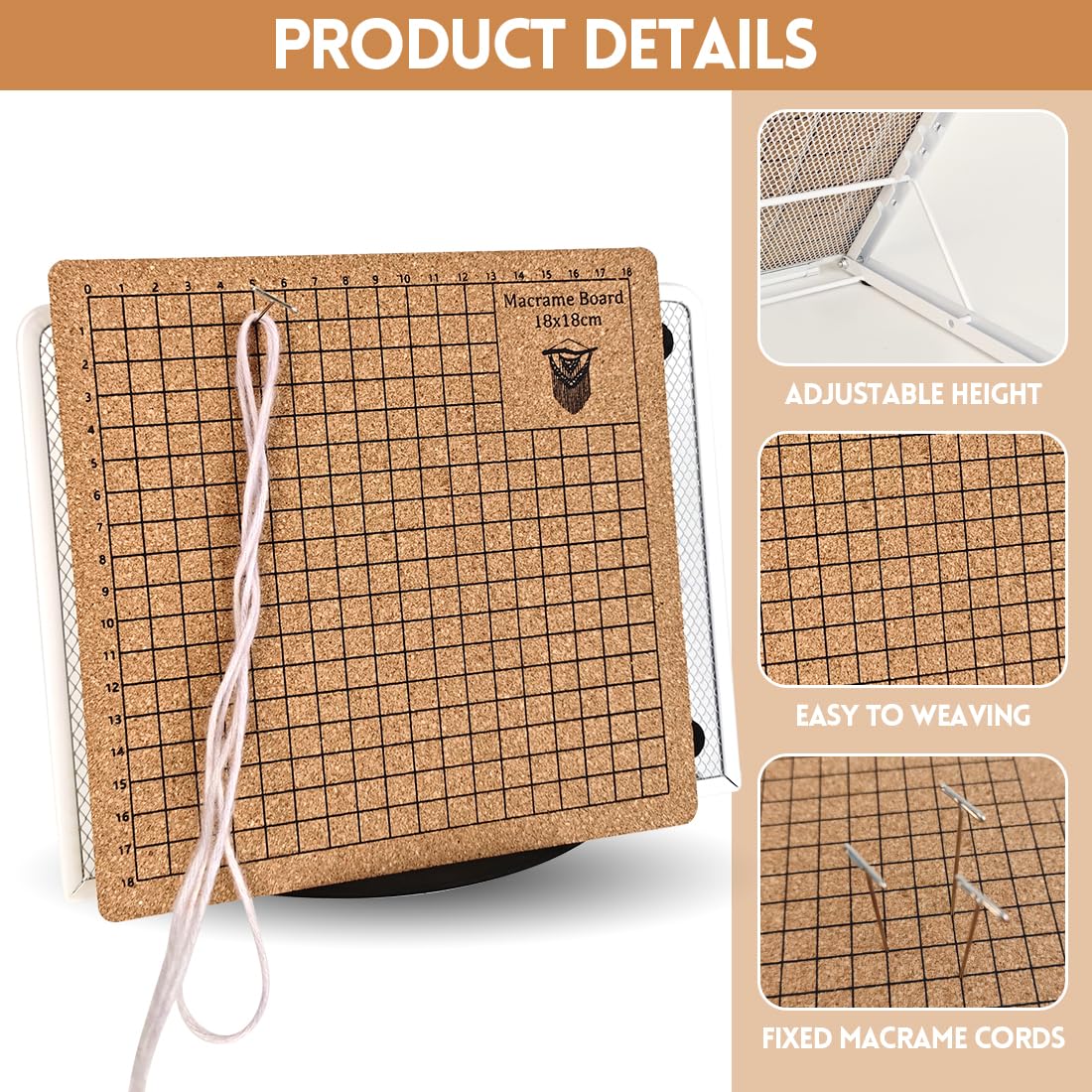 Lavagna macramè con penne, 18 x 18 cm, tavola da progetto macramè double face con griglia, tavola intrecciata portatile con istruzioni, tavola macramè riutilizzabile e penne per intrecciare