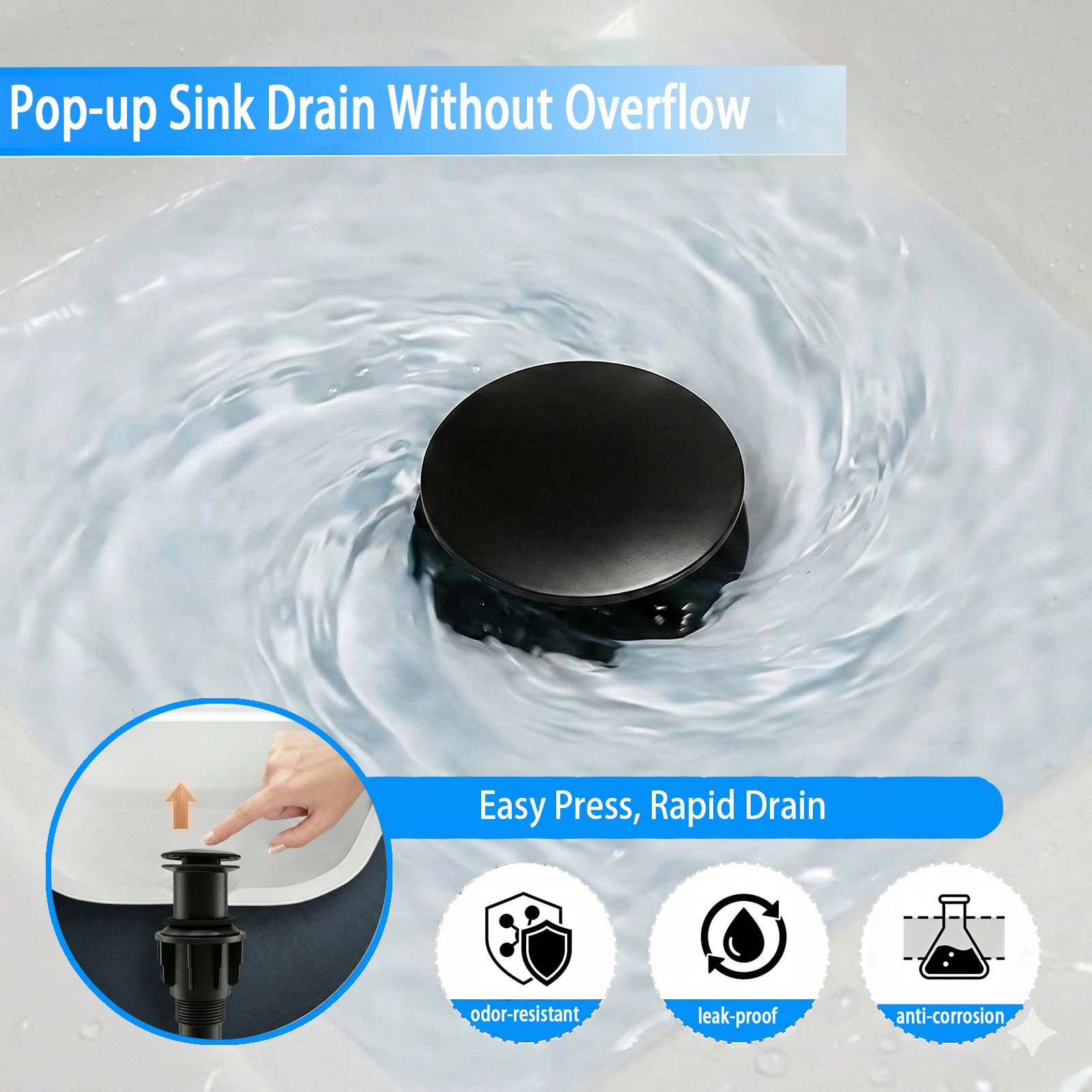 Bathroom Sink Drain Without Overflow- Matte Black Pop up Drain for Bathroom Vanity Vessel Sink Drain Stopper - Anti-clog Pop-up Plastic Drain with Hair Catcher Strainer — view 5