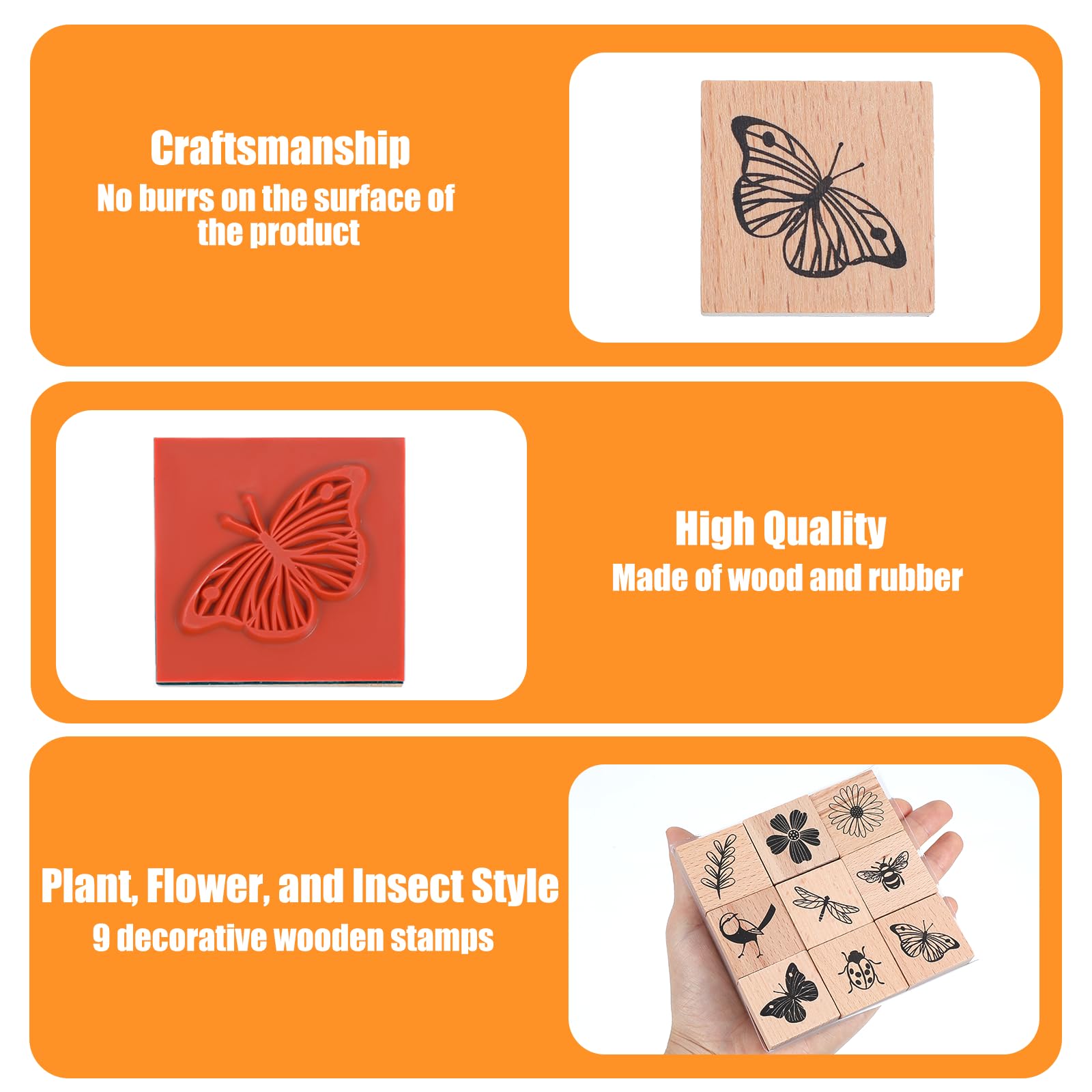 9 unidades de sellos de madera vintage, sello de madera, diseño de mariposas y flores, juego de sellos de madera, patrones de plantas naturales, sello de diseño vintage, para manualidades