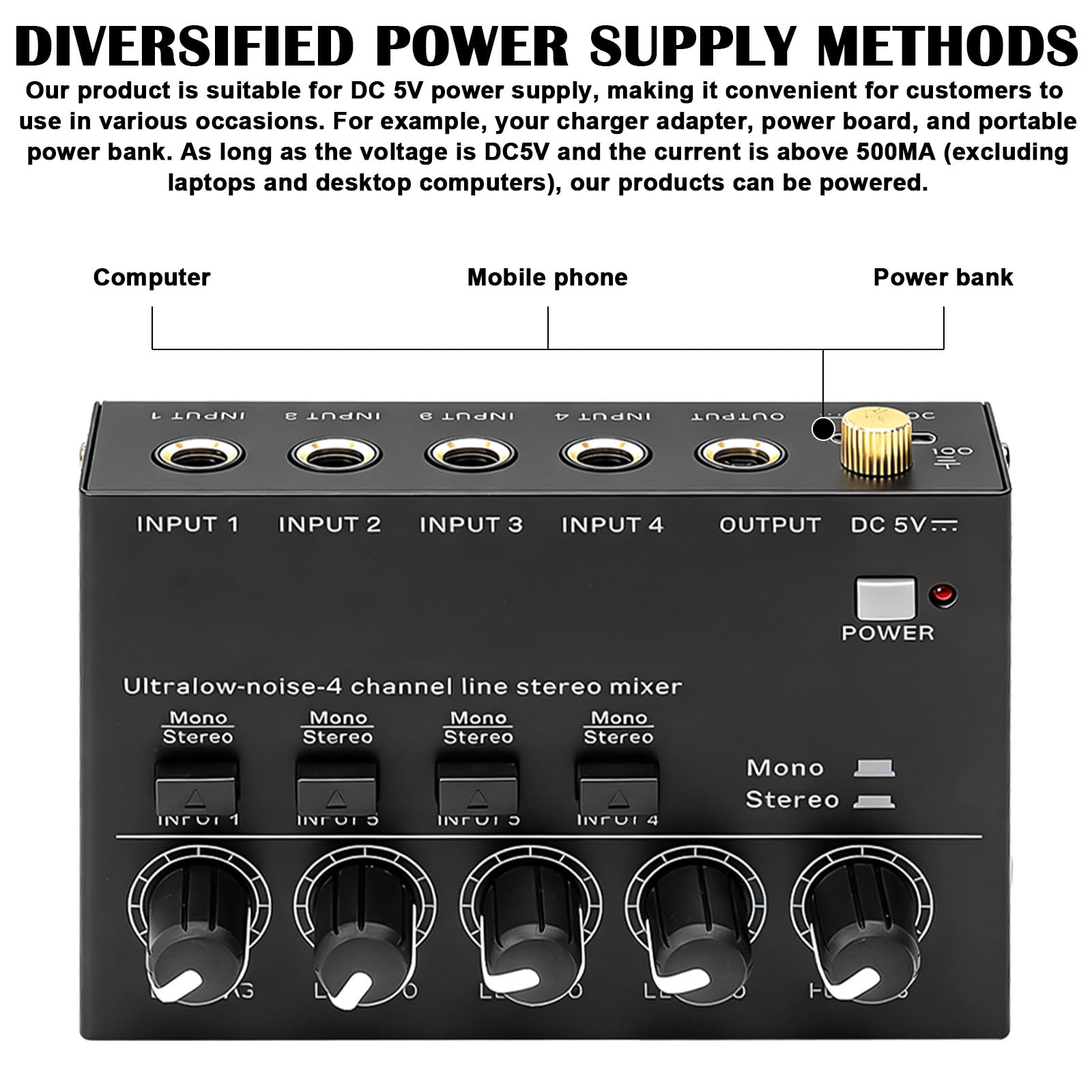 Mezclador de audio de 4 canales, mini mezclador estéreo activo, mesa de mezclas de audio, bajo ruido, control de volumen independiente, mesa de mezcla compacta para micrófonos, guitarras, bajos