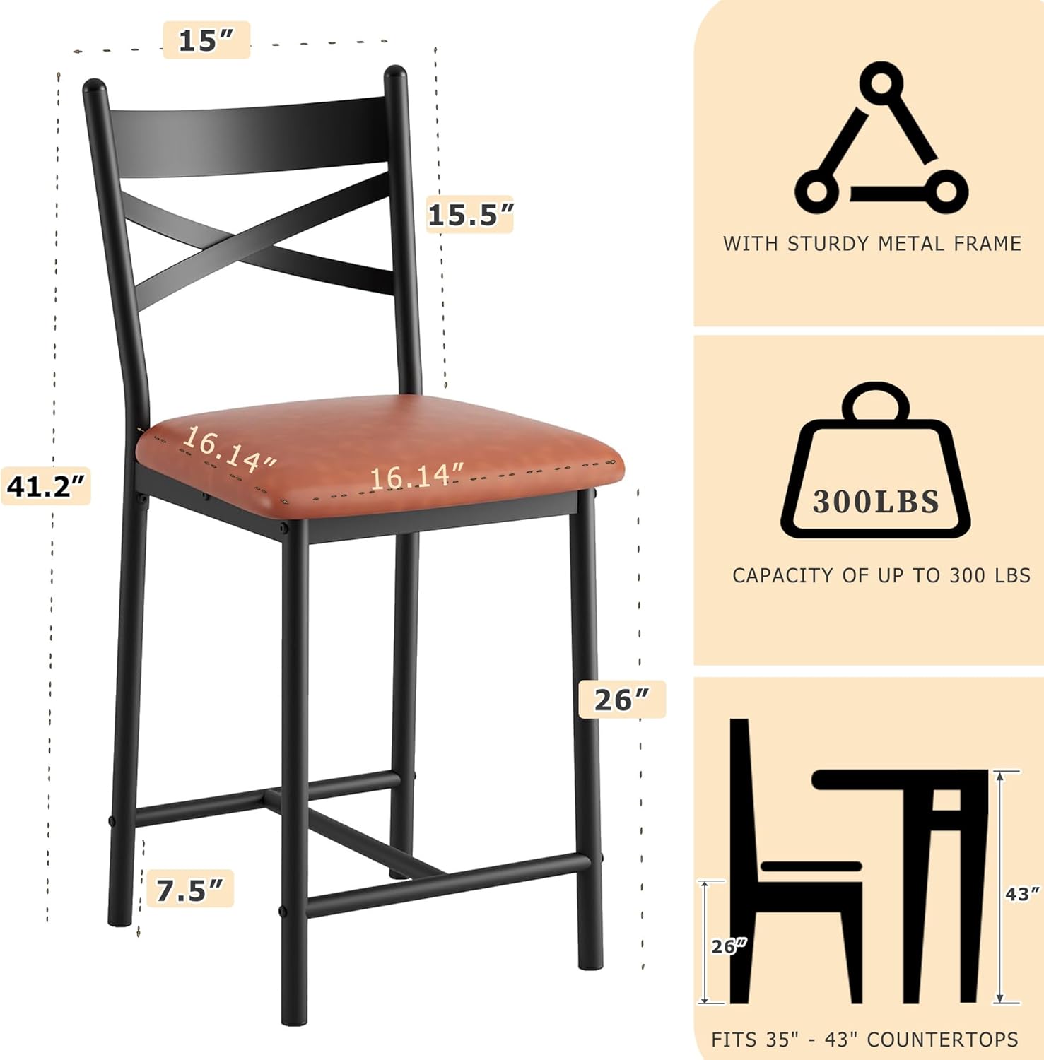 GarveeHome Bar Stools Set of 2, Counter Height Bar Chairs with Back and Thick Cushion, Upholstered Dining Chairs with Padded Seat, Barstools for Kitchen Island, Bar, Dining Room, Modern Brown