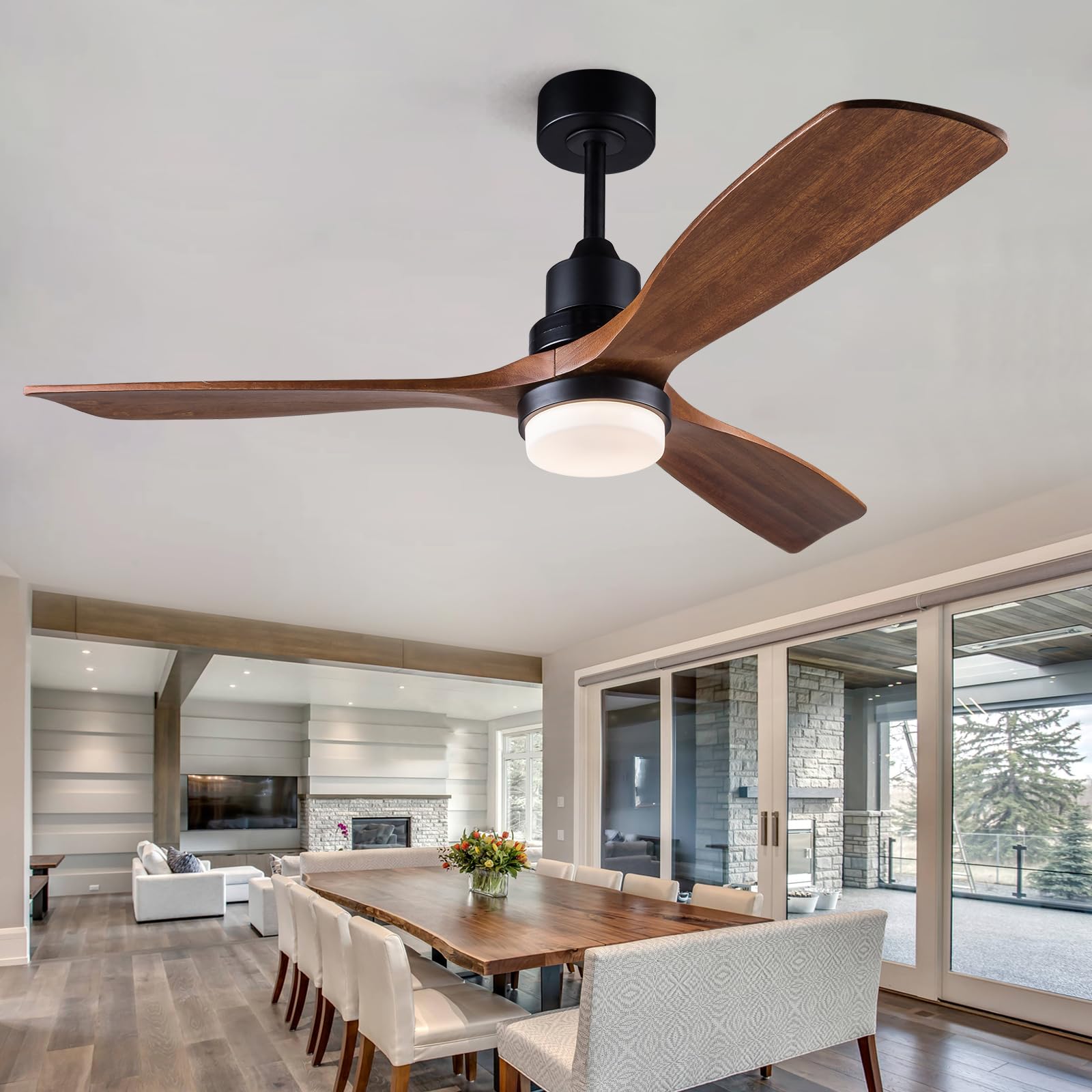 bojue 52 inch ceiling fans with lights and remote control, outdoor ceiling fans for patios; black ceiling fan with light for bedroom living room, solid wood, 3cct dimmable, memory function