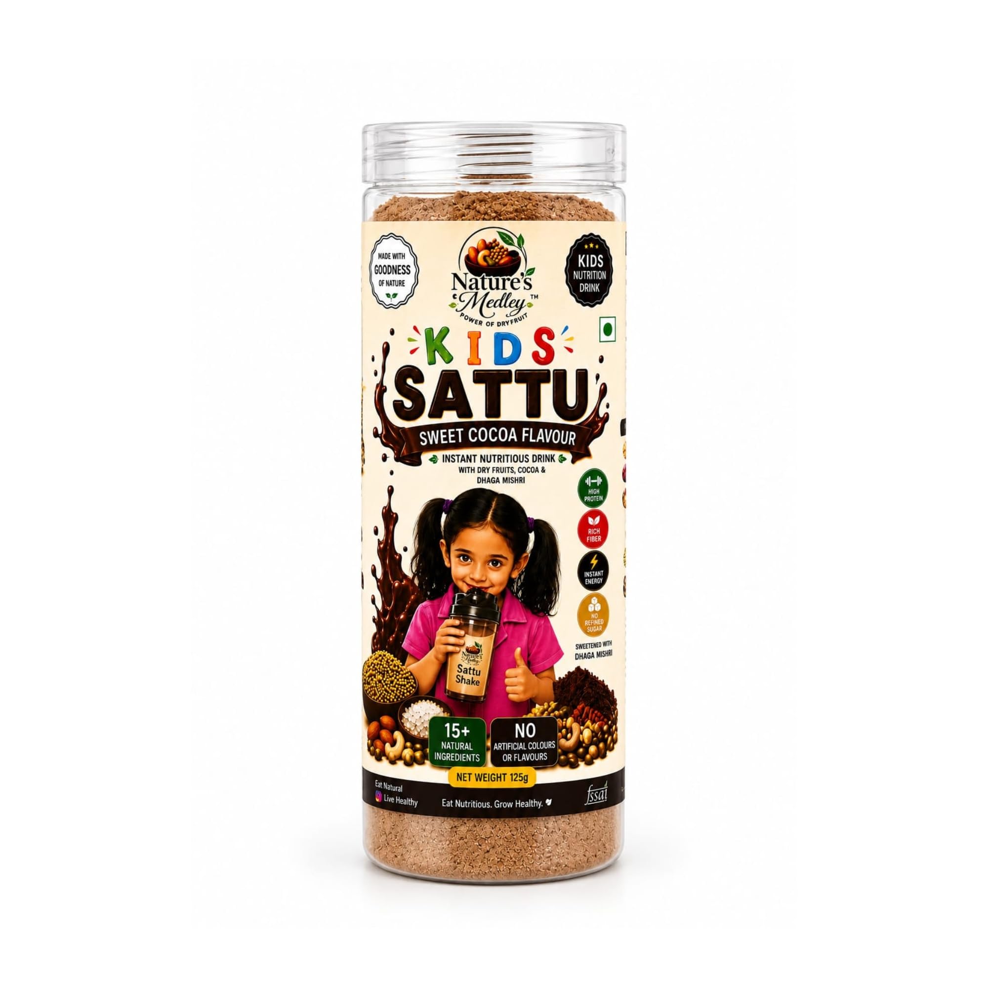 Nature's Medley Kids Sattu Powder with Cocoa Flavour & Dhaga Mishri | Dry Fruits Enriched | Rich in Omega & Protein | No Added Sugar | No Preservatives | Energy Drink for Children | 125g-image-19