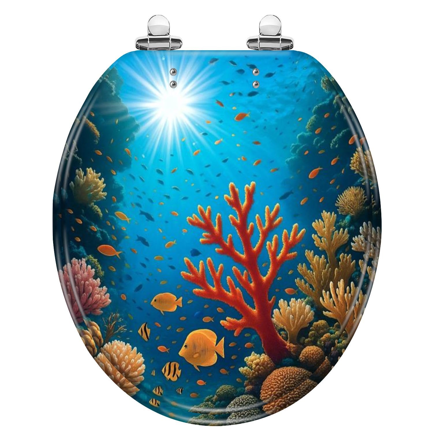 Langer Toilettensitz, Meeresschildkröte und Korallenfisch-Design, Harz-Konstruktion, langsam schließender Deckel, Schnellverschluss-Scharniere, leicht zu reinigen