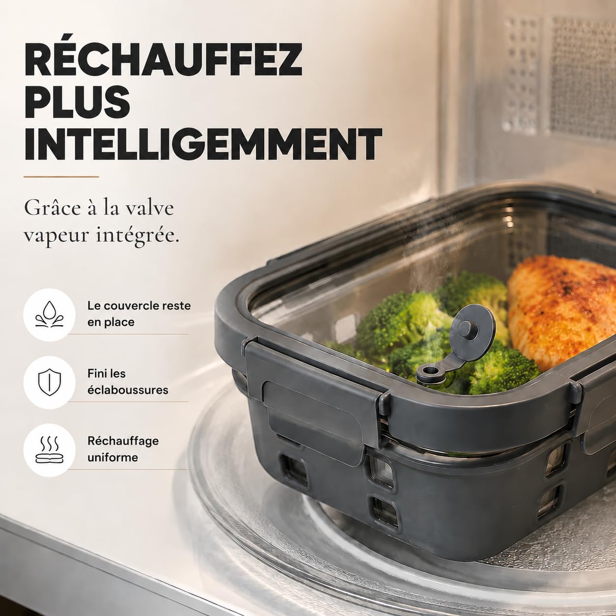 Meal Prep Boîtes Set 3x640ml – Verre borosilicate, hermétique, empilable, micro-ondes avec valve vapeur, coque silicone anti-choc