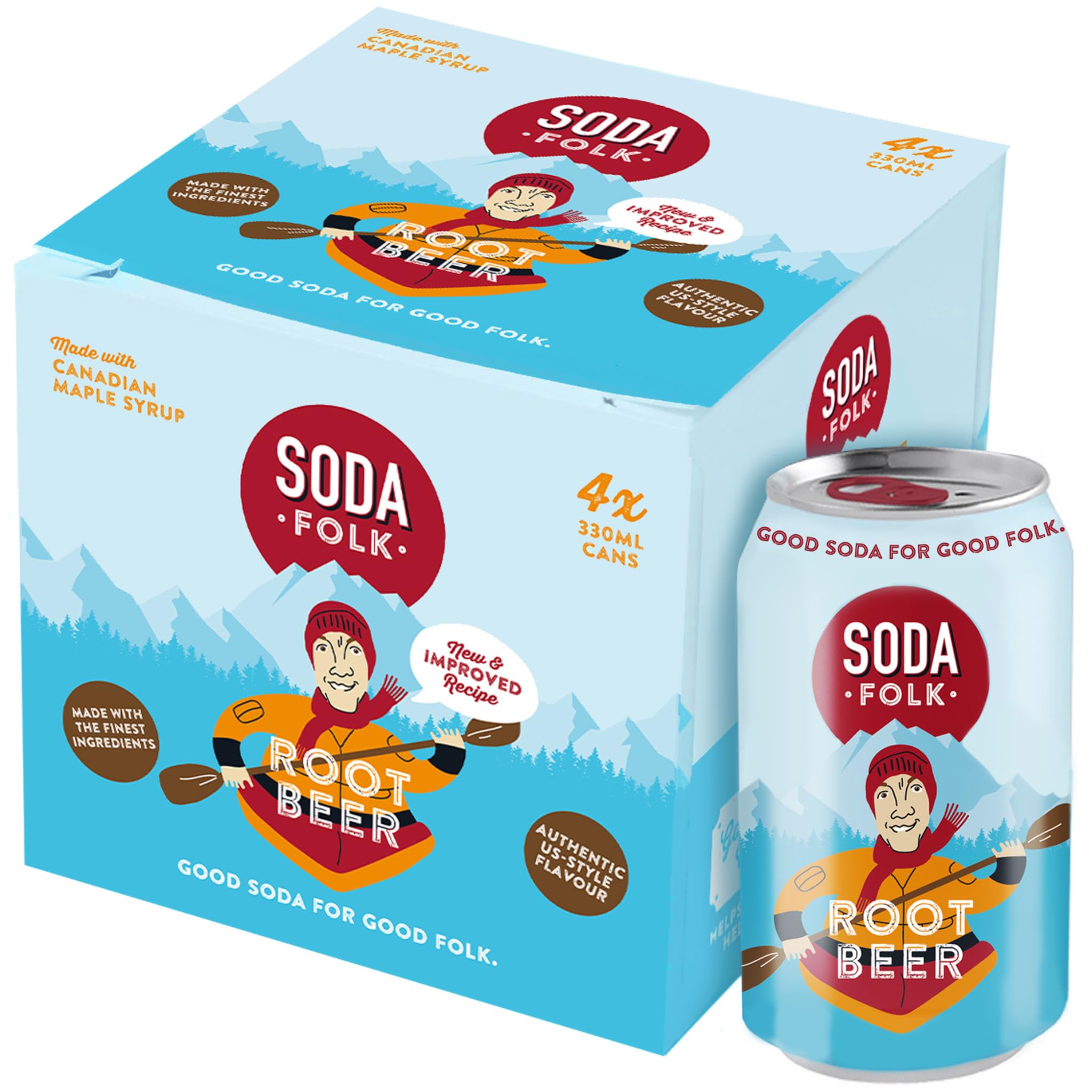 Soda FolkRoot Beer (4 x 330ml cans) with Maple Syrup, American Style Soft Drink, Gluten-Free, Vegan-Friendly, 100% Natural Ingredients