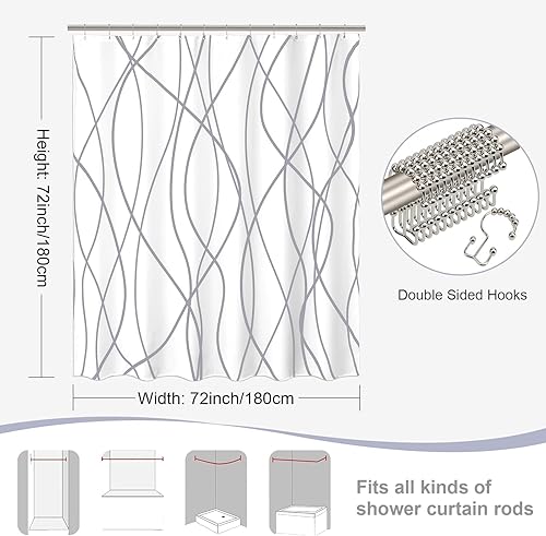 Miniatura 9 de ORTIGIA Cortina de ducha con forro, rayas grises onduladas, cortina de ducha 3 en 1 con 12 ganchos de metal de doble cara a prueba de óxido,
