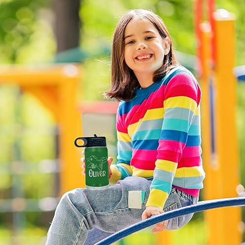 Miniatura 8 de Botella de agua para niños personalizada con nombre en botella de agua aislada con anillo verde mate de 12 onzas