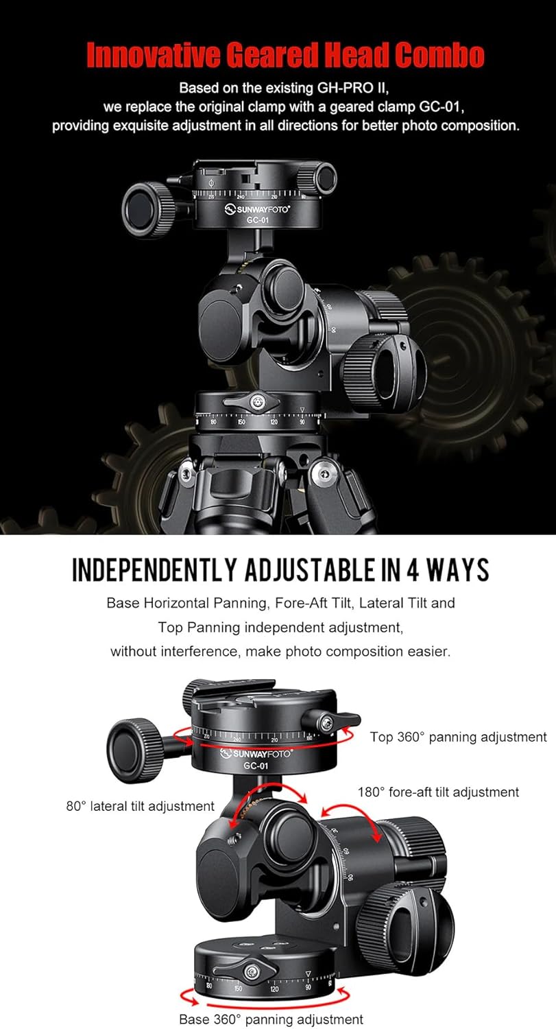 SUNWAYFOTO GH-PRO II+ Geared Tripod Head with 360° Geared Panning GC-1 Clamp & Panning Base Compatible with Arca
