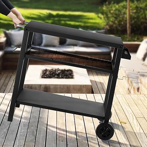 Miniatura 3 de Kendane Mesa de carrito de parrilla con tres estantes, carrito de comedor movible al aire libre, soporte para horno de pizza con tres ganchos,
