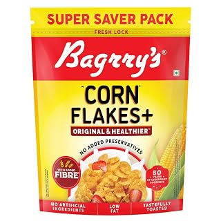 Bagrry’s Corn Flakes+ Original & Healthier 1kg | Added Fibre | Crunchy Breakfast Cereal | Delicious Golden Corn | Low Fat & Low in Glycaemic Index | Source of Protein | Toasted & Crunchy Corn Flakes | No Added Preservatives | No Artificial Ingredients