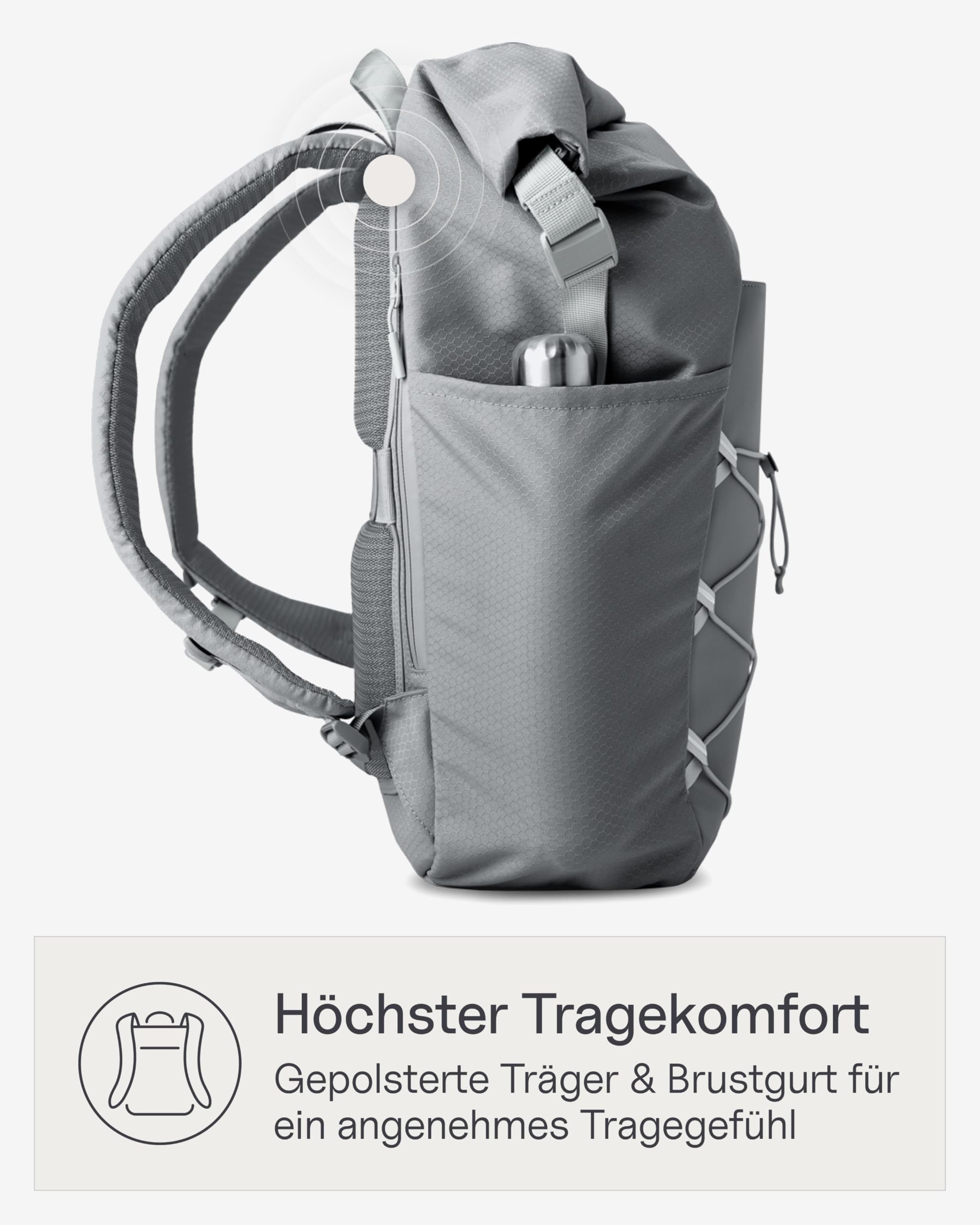 Kapten & Son Rucksack Yoho Stone Grey 24-30 L | Rolltop Rucksack Damen & Herren Grau | Handgepäckrucksack mit 14 Zoll Laptopfach & seitlicher Öffnung | Backpack ideal für Reisen, Uni, Arbeit, Sport