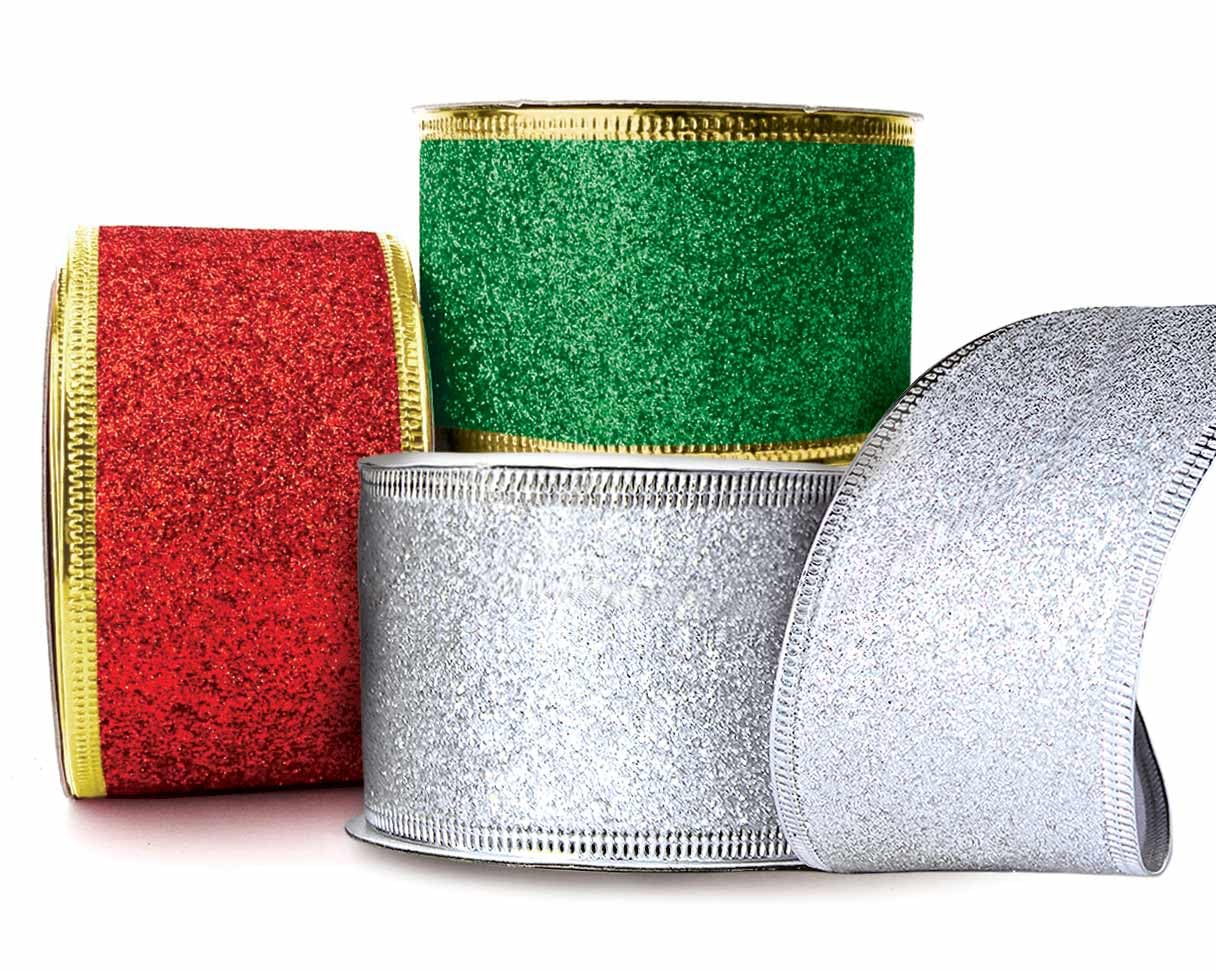 Glitter Ribbon Wired Christmas Ribbons Silver, Red Green Wire 2 Inch Wide x 6 Yds 3 Thick Rolls for Gift Wrapping Xmas Tree Ribbon Garland Wrap Around