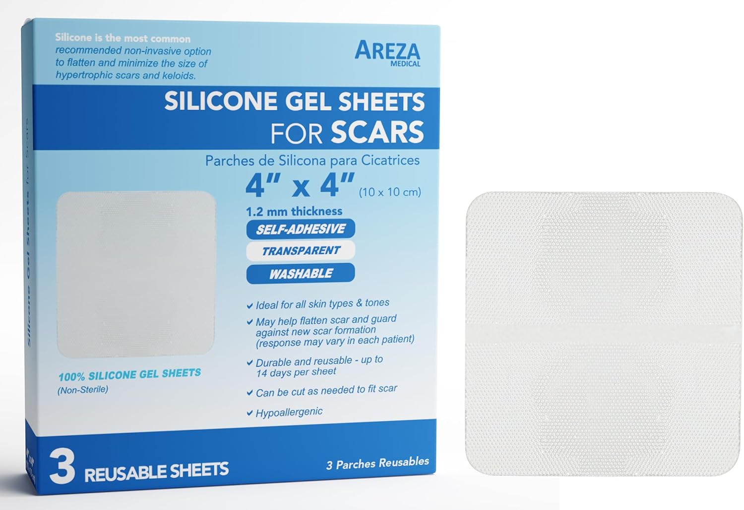 Areza Medical Silicone Gel Sheets for Scars 4 inch x 4 inch Three Sheets Per Box; by Areza Medical (Pack of 3)