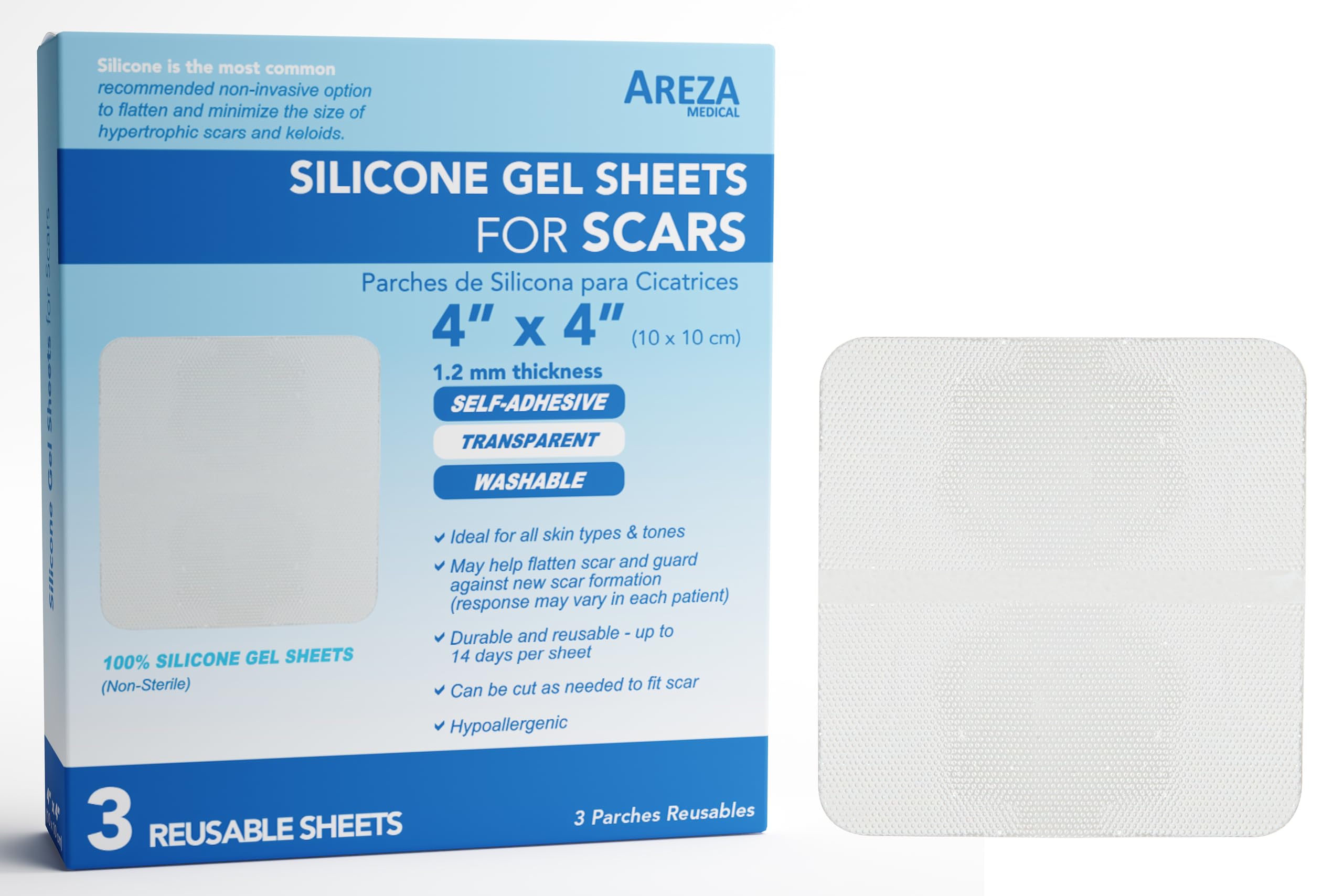 Areza Medical Silicone Gel Sheets for Scars 4 inch x 4 inch Three Sheets Per Box; by Areza Medical (Pack of 3)