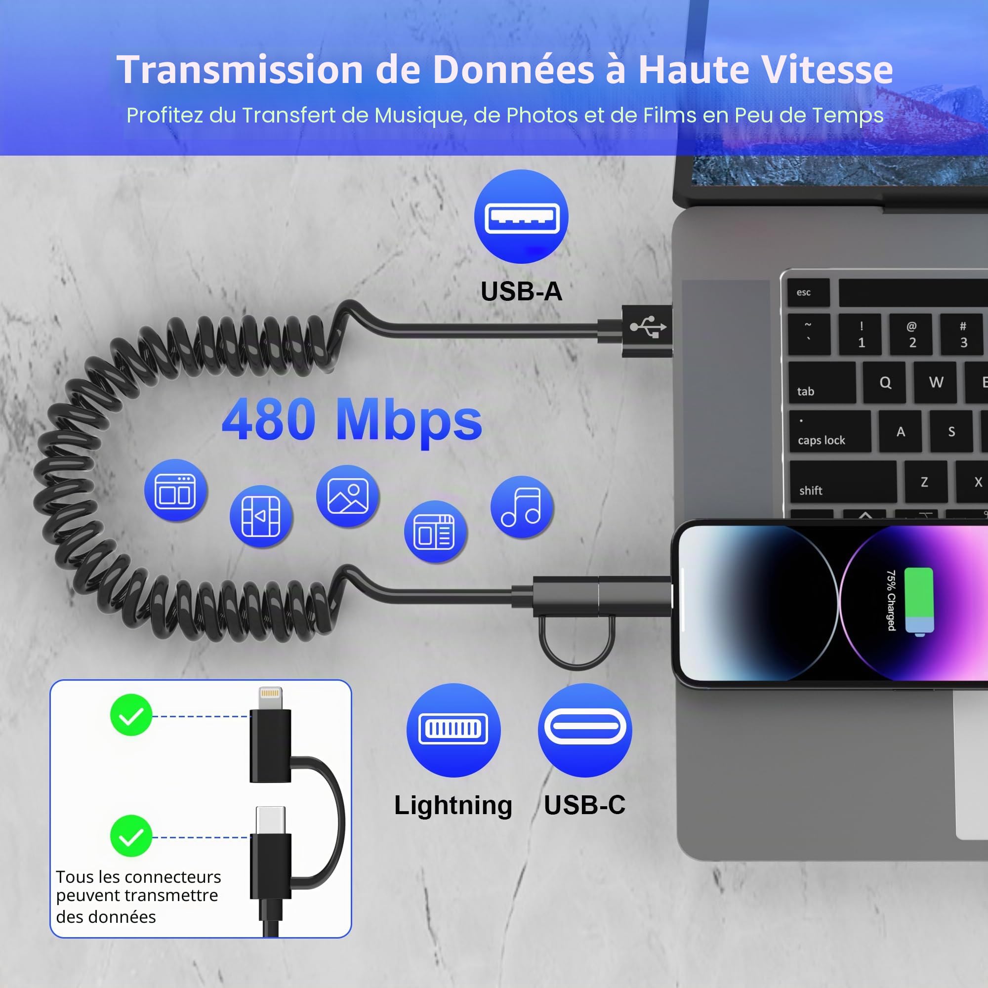 Cable Spirale Voiture pour Apple CarPlay et Android Auto [MFi & 3A Charge rapide & transmission de données] Câble USB vers USB C et Lightning 2 en 1 pour iPhone 17/16/15/14/13/12/11/Galaxy/Android