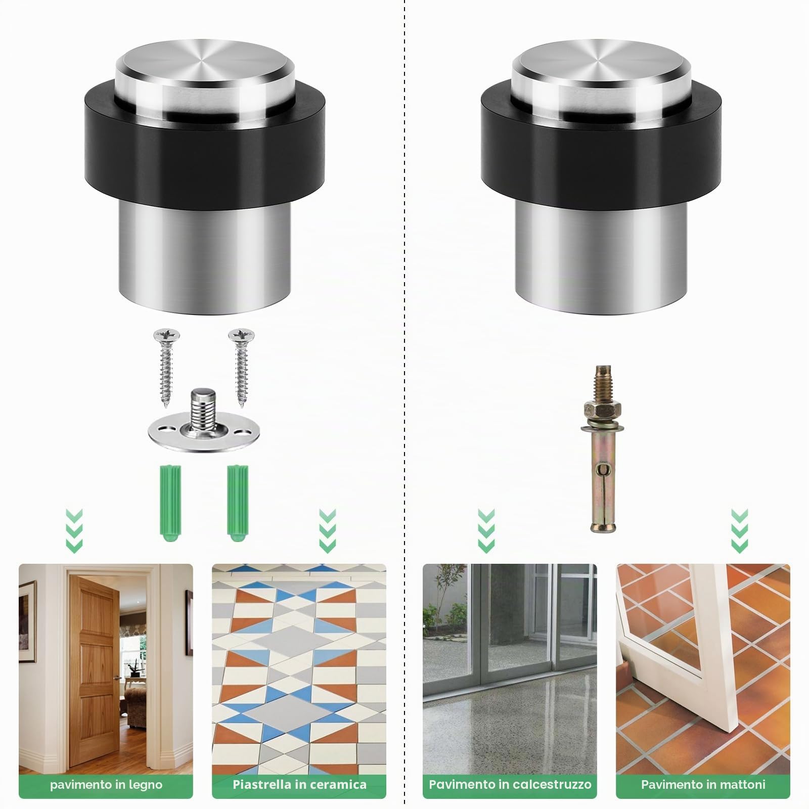 SWAWIS 12 Pezzi Fermaporta a Pavimento Ø32mm Altezza 45mm | Fermaporta Adesivo in Acciaio Inox, con Viti e Striscia di Colla 3M, per Ufficio e Casa, 3 Metodi di Installazione
